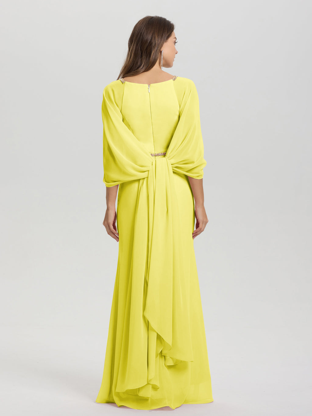 Sheath Flowy Long Sleeves Waisted Zip Back Chiffon Bridesmaid Dress