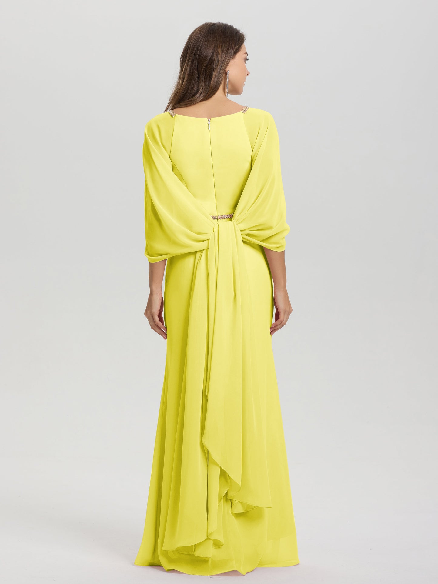 Sheath Flowy Long Sleeves Waisted Zip Back Chiffon Bridesmaid Dress