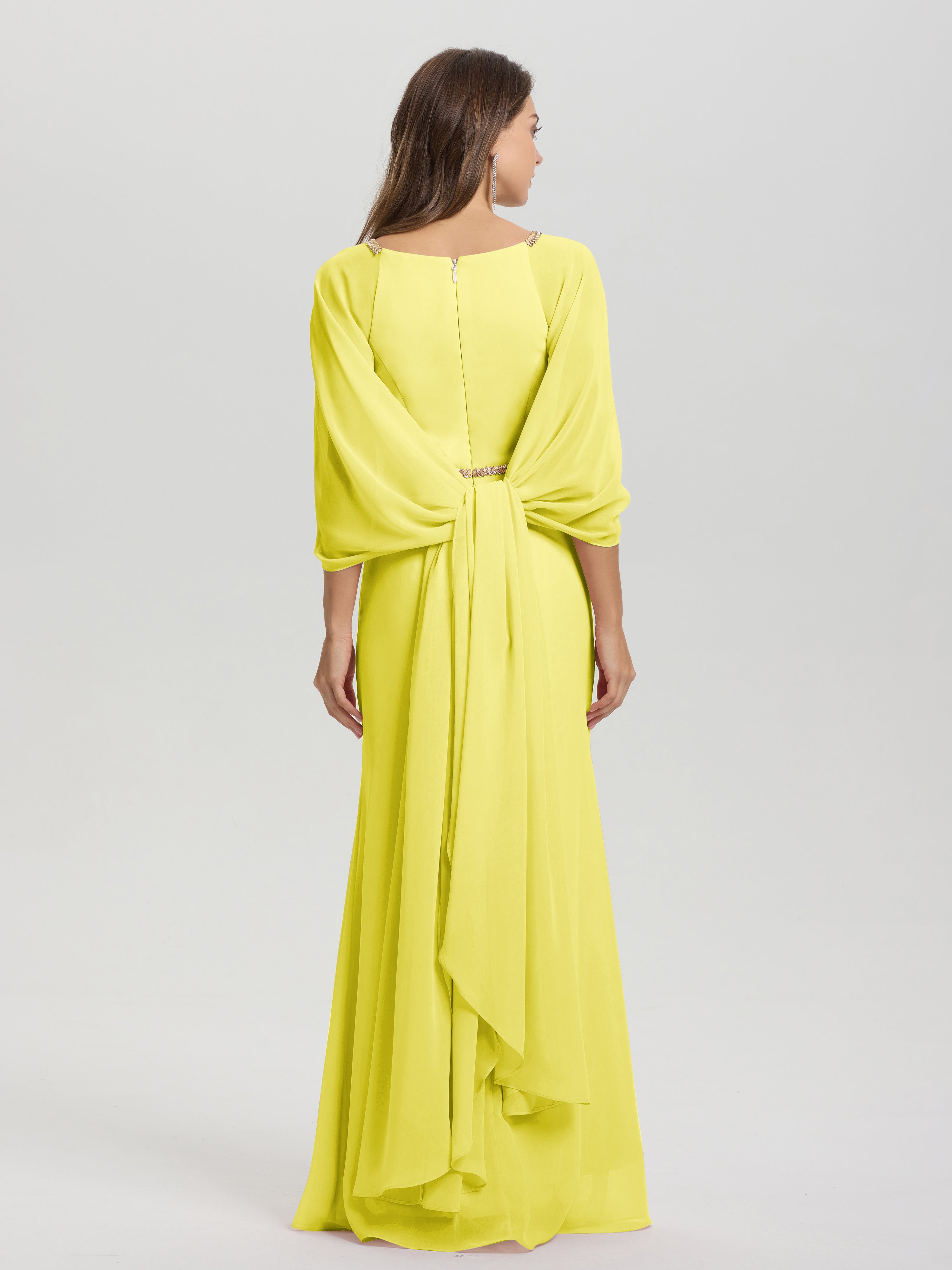 Sheath Flowy Long Sleeves Waisted Zip Back Chiffon Bridesmaid Dress