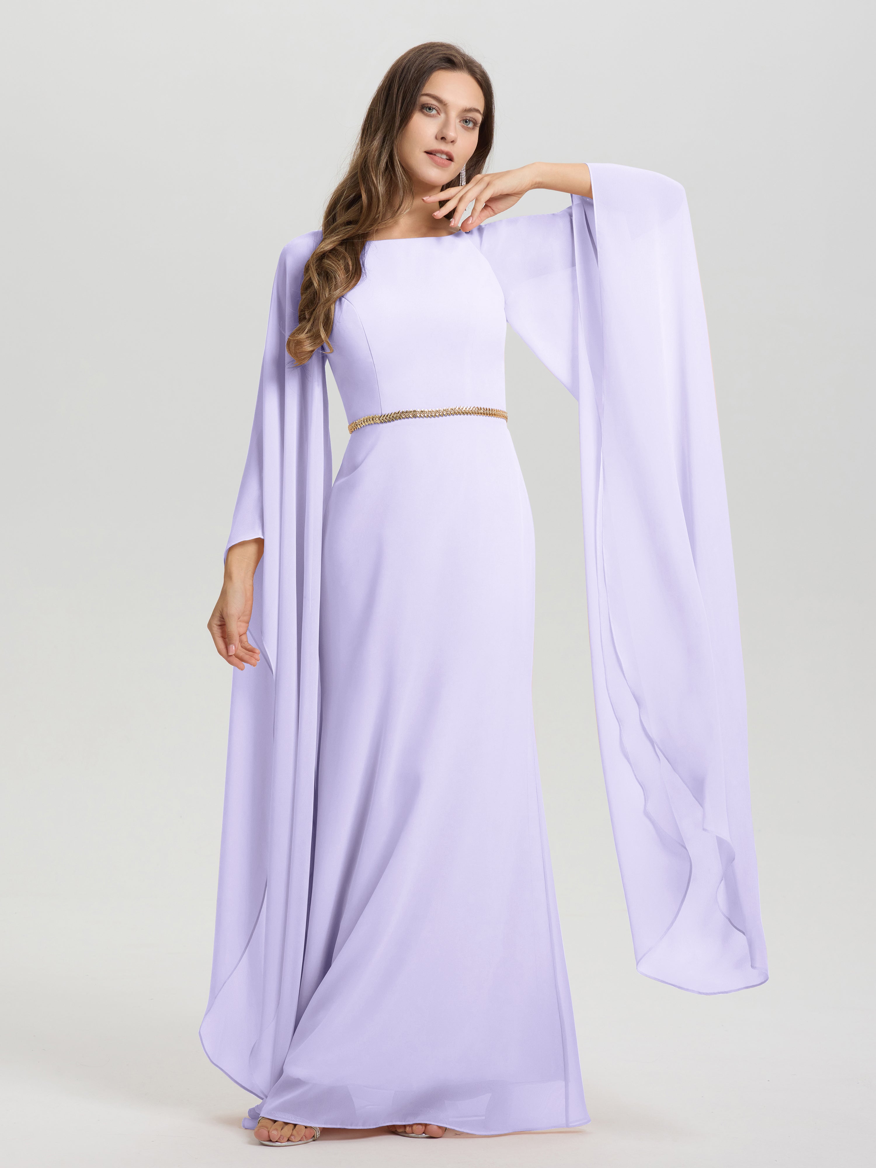 Sheath Flowy Long Sleeves Waisted Zip Back Chiffon Bridesmaid Dress