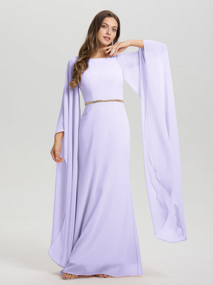 Sheath Flowy Long Sleeves Waisted Zip Back Chiffon Bridesmaid Dress