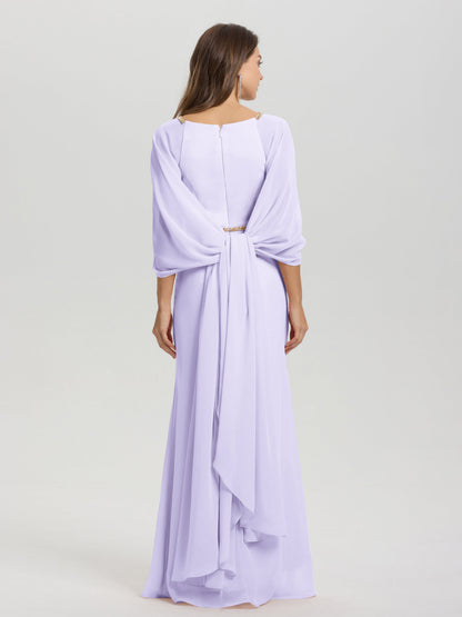 Sheath Flowy Long Sleeves Waisted Zip Back Chiffon Bridesmaid Dress
