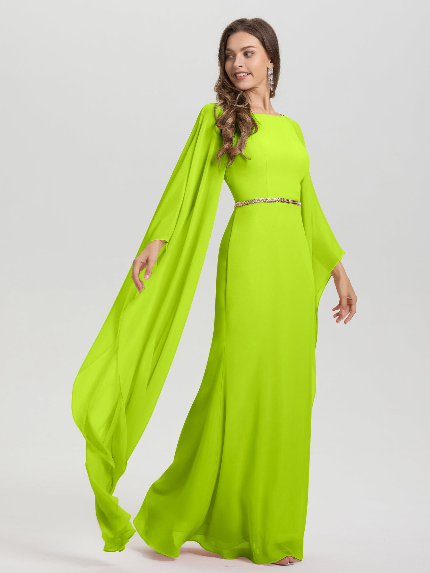 Sheath Flowy Long Sleeves Waisted Zip Back Chiffon Bridesmaid Dress