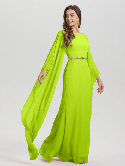 Sheath Flowy Long Sleeves Waisted Zip Back Chiffon Bridesmaid Dress