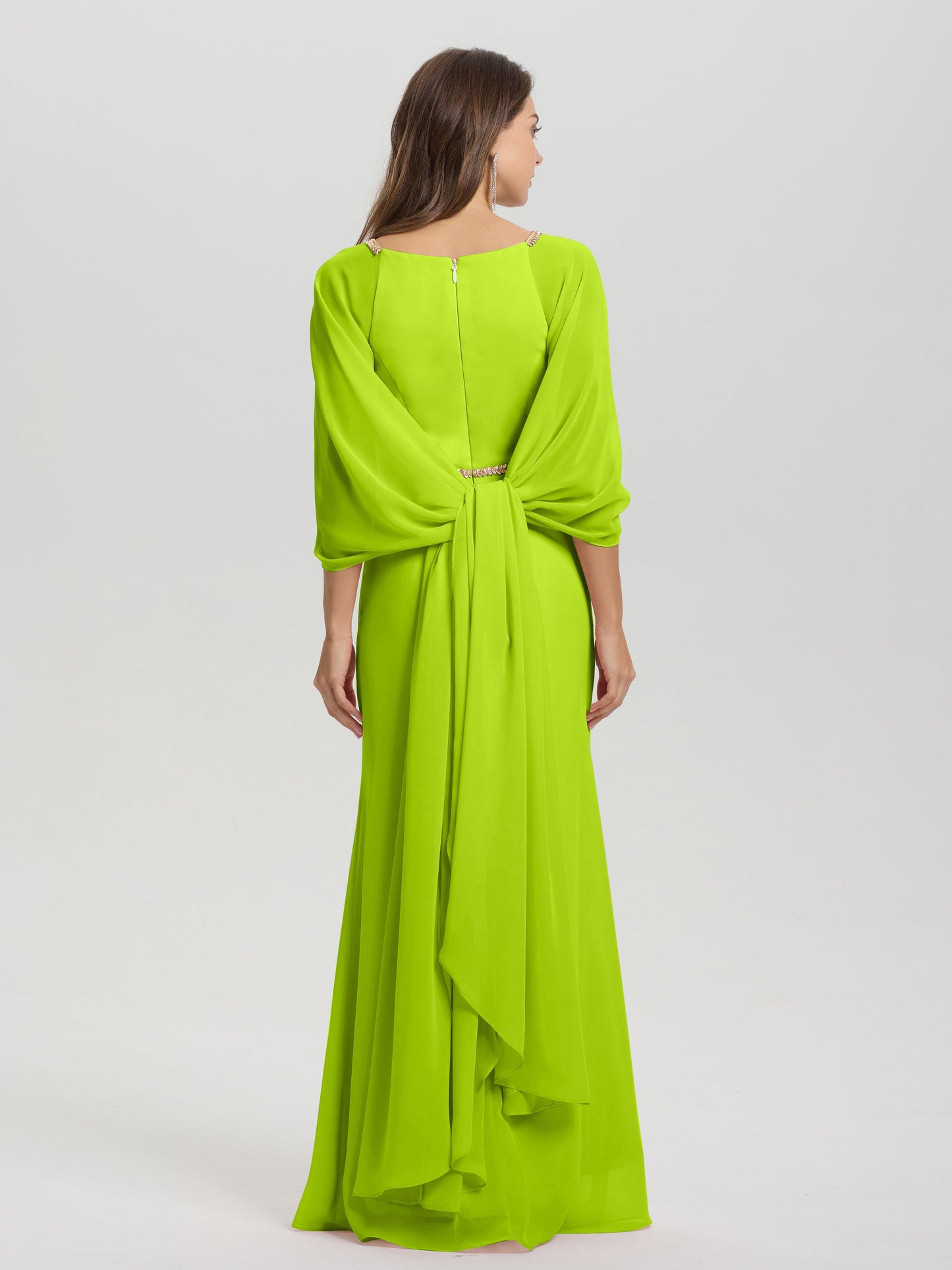 Sheath Flowy Long Sleeves Waisted Zip Back Chiffon Bridesmaid Dress