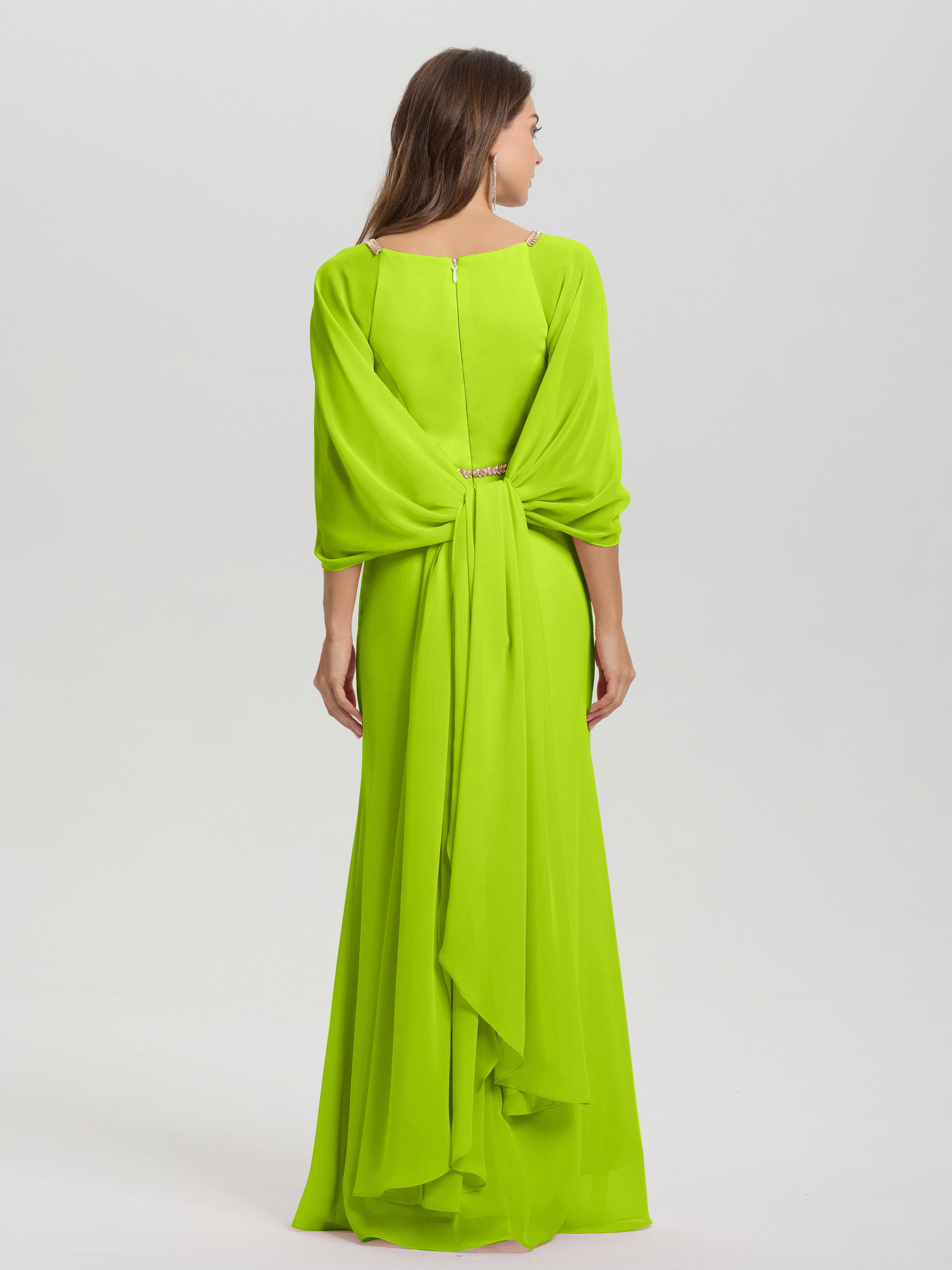 Sheath Flowy Long Sleeves Waisted Zip Back Chiffon Bridesmaid Dress