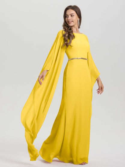 Sheath Flowy Long Sleeves Waisted Zip Back Chiffon Bridesmaid Dress