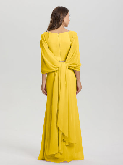 Sheath Flowy Long Sleeves Waisted Zip Back Chiffon Bridesmaid Dress