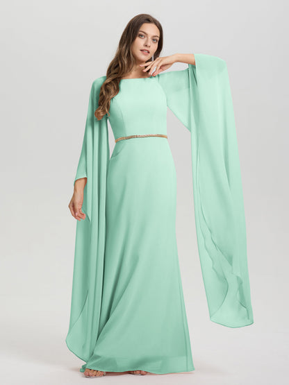 Sheath Flowy Long Sleeves Waisted Zip Back Chiffon Bridesmaid Dress