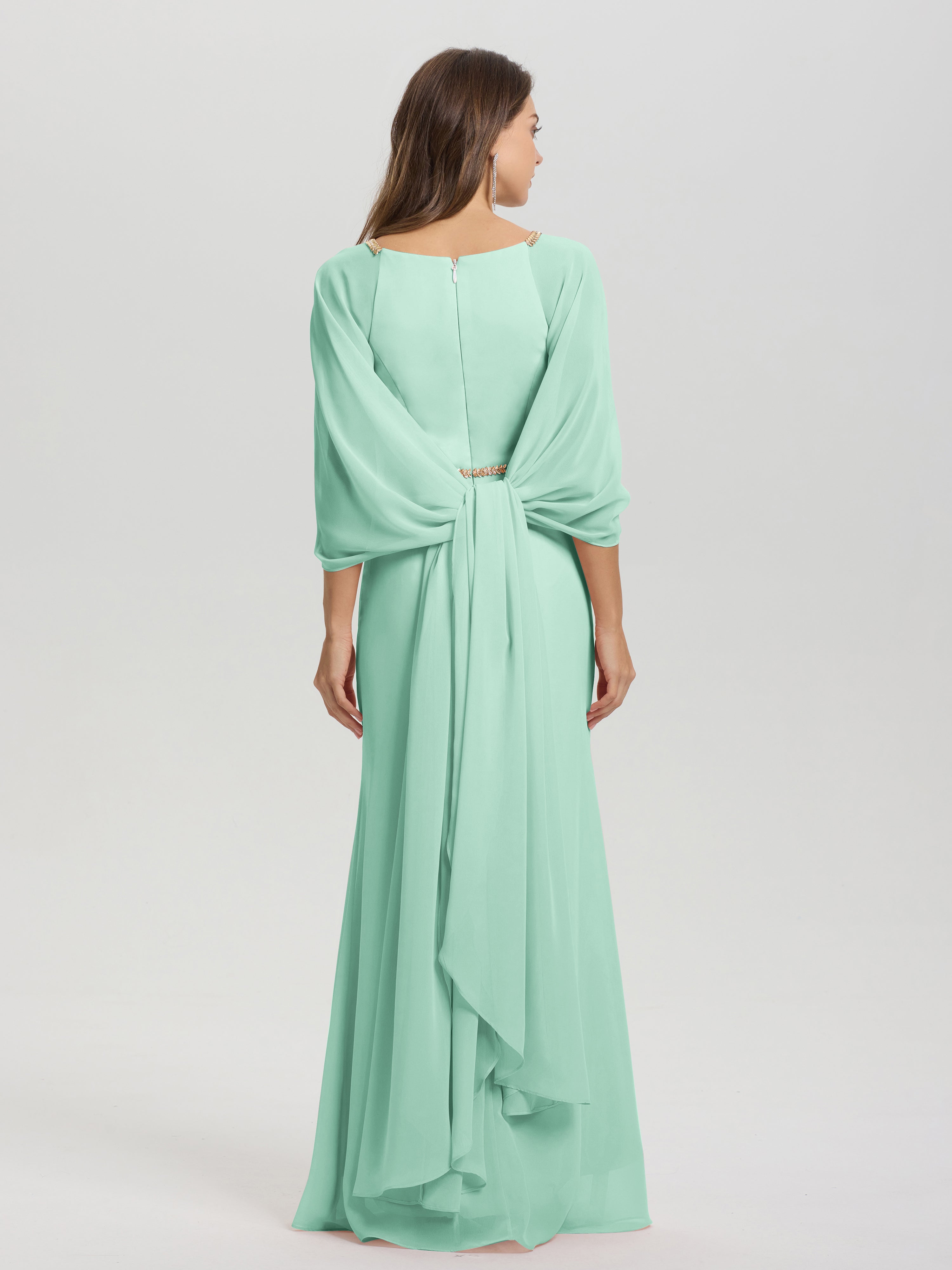 Sheath Flowy Long Sleeves Waisted Zip Back Chiffon Bridesmaid Dress