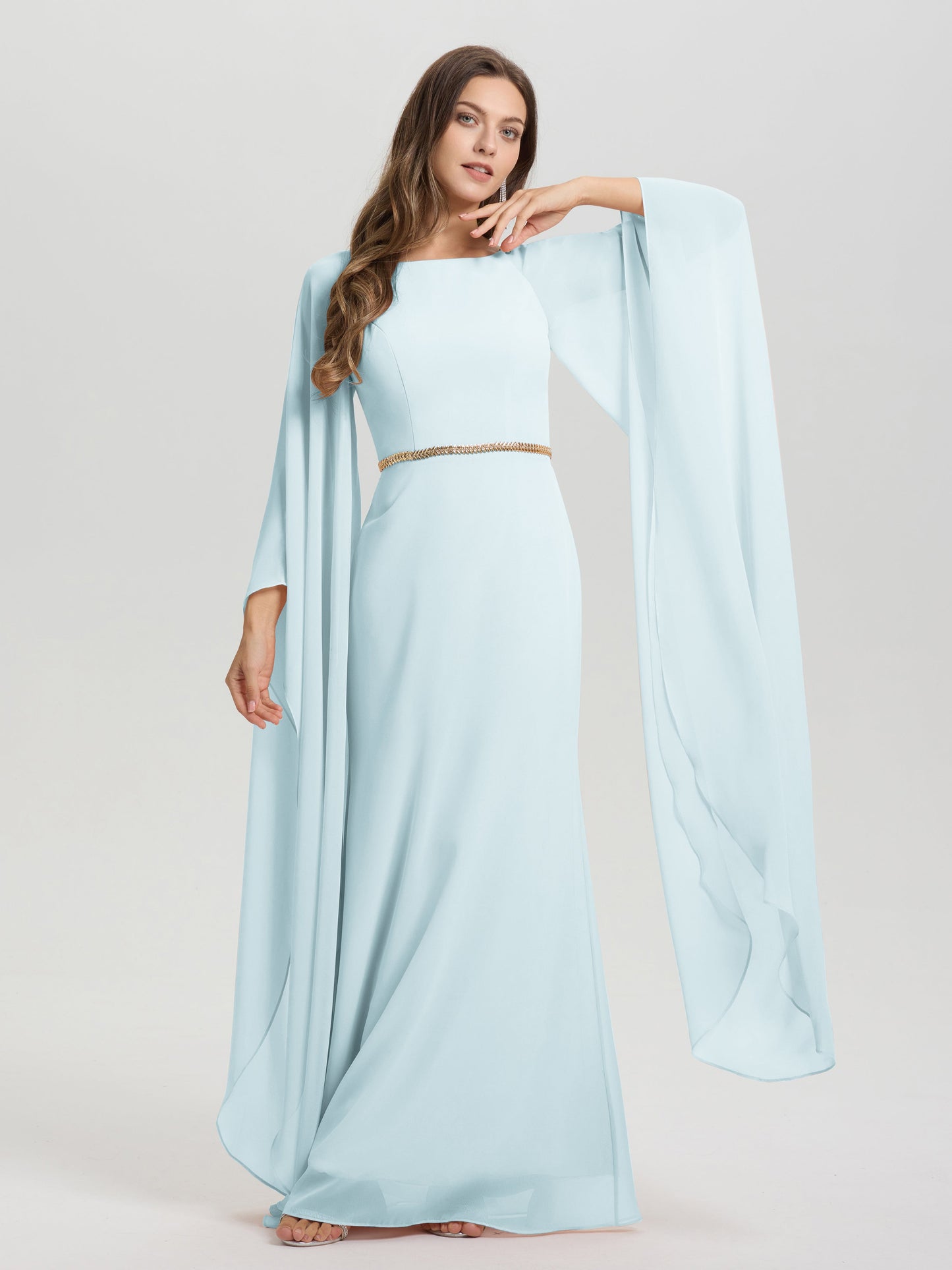 Sheath Flowy Long Sleeves Waisted Zip Back Chiffon Bridesmaid Dress