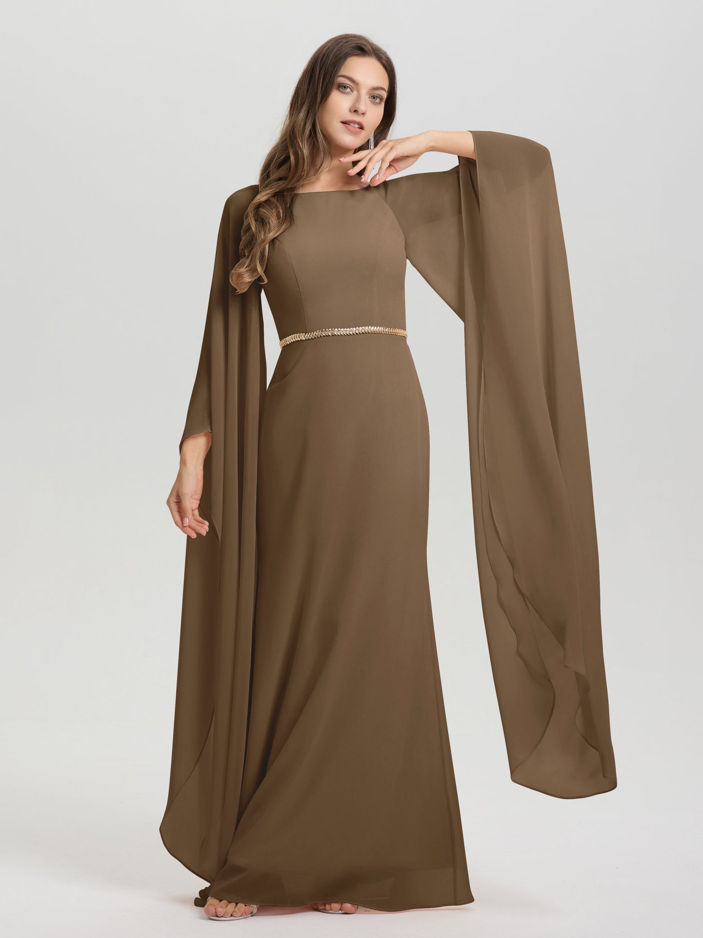 Sheath Flowy Long Sleeves Waisted Zip Back Chiffon Bridesmaid Dress