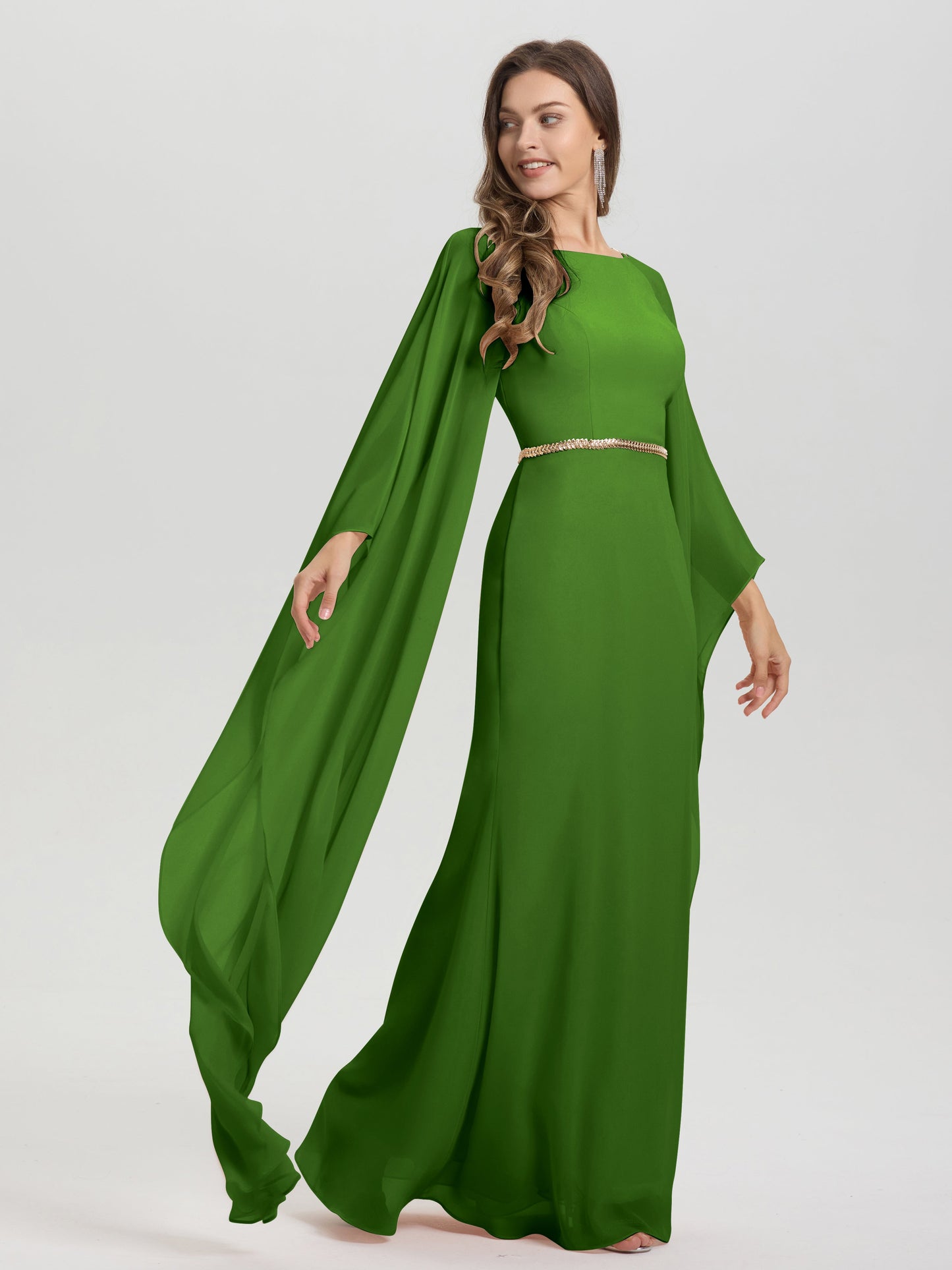 Sheath Flowy Long Sleeves Waisted Zip Back Chiffon Bridesmaid Dress