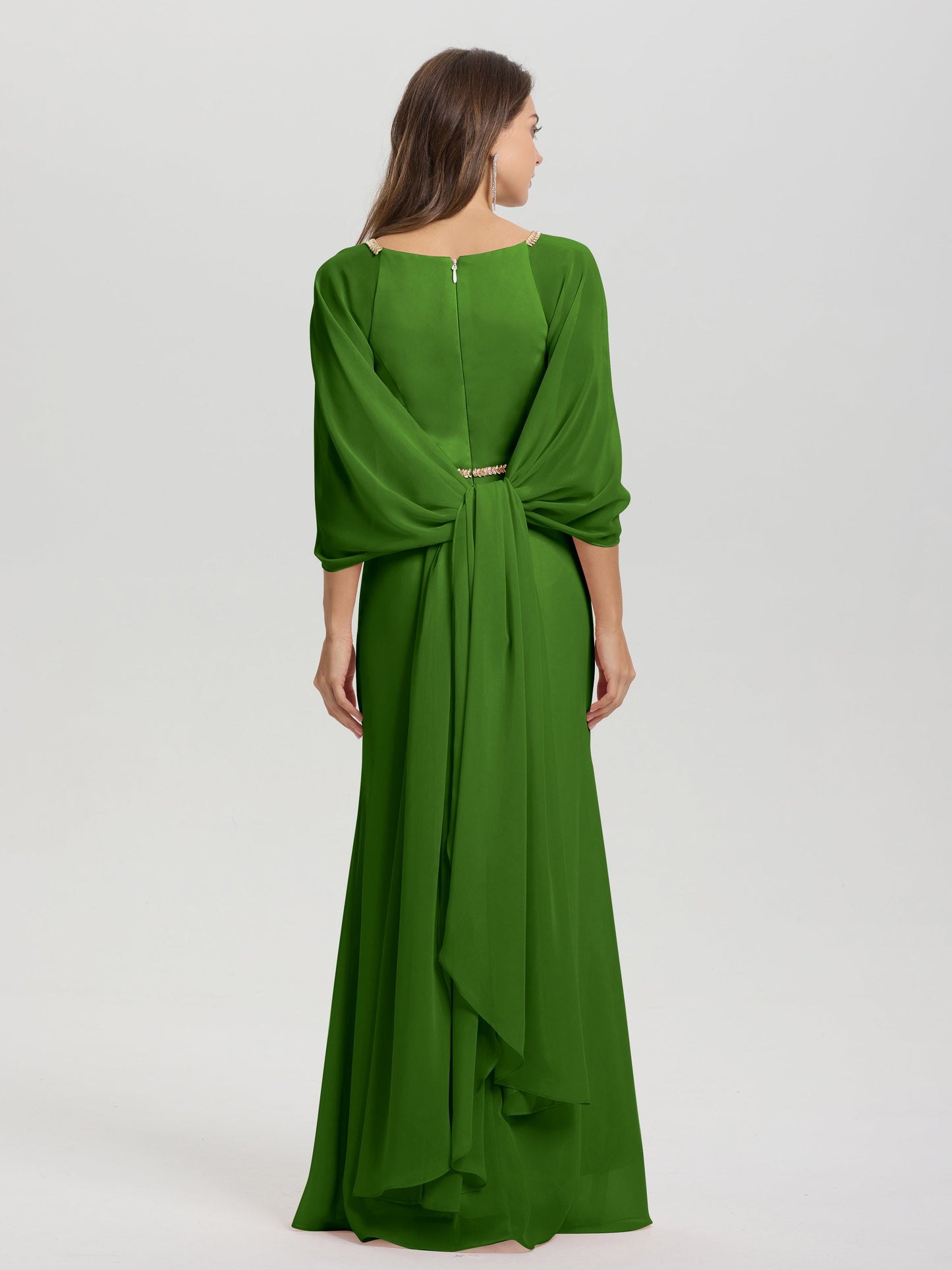 Sheath Flowy Long Sleeves Waisted Zip Back Chiffon Bridesmaid Dress