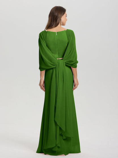 Sheath Flowy Long Sleeves Waisted Zip Back Chiffon Bridesmaid Dress