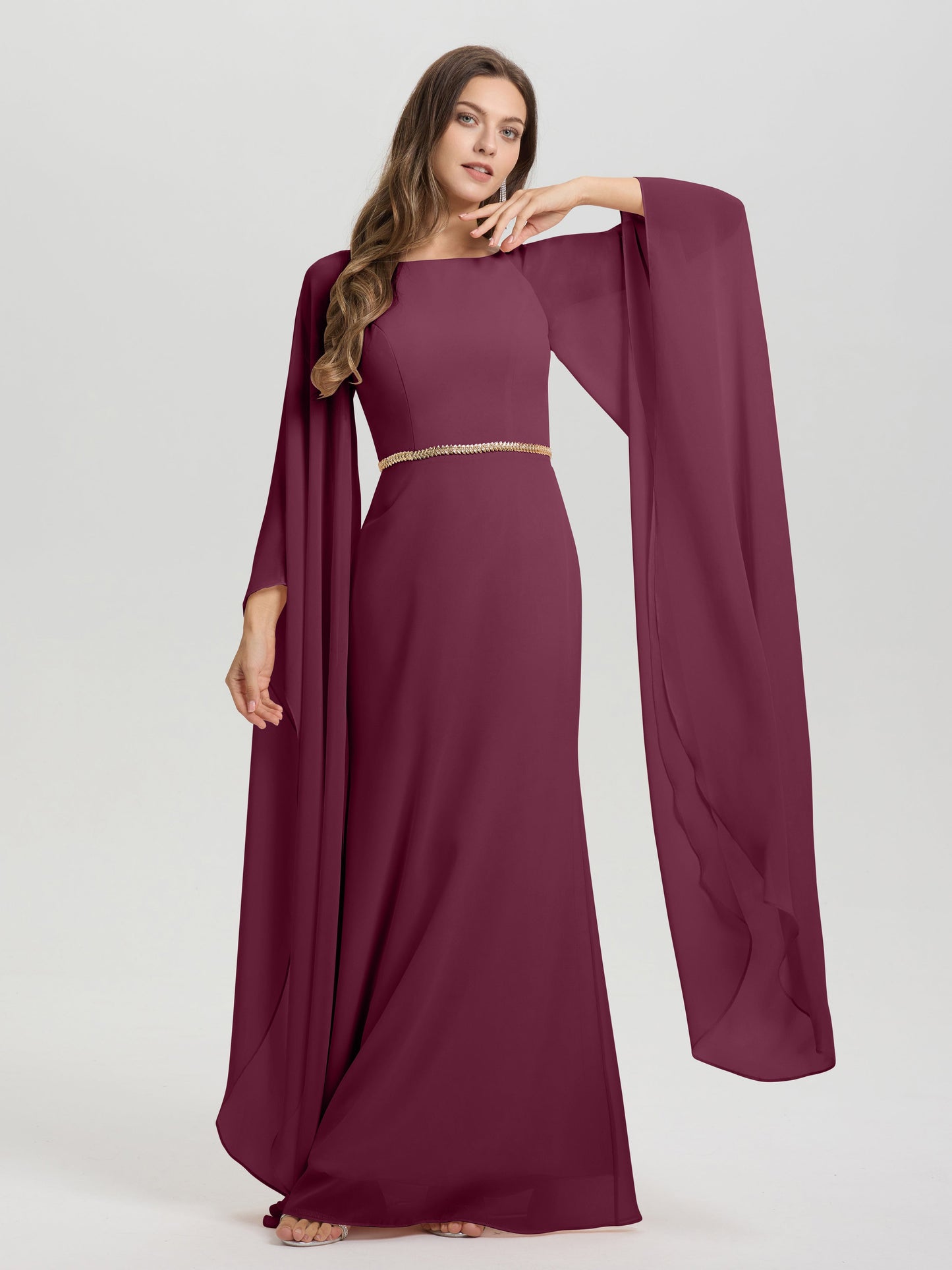 Sheath Flowy Long Sleeves Waisted Zip Back Chiffon Bridesmaid Dress