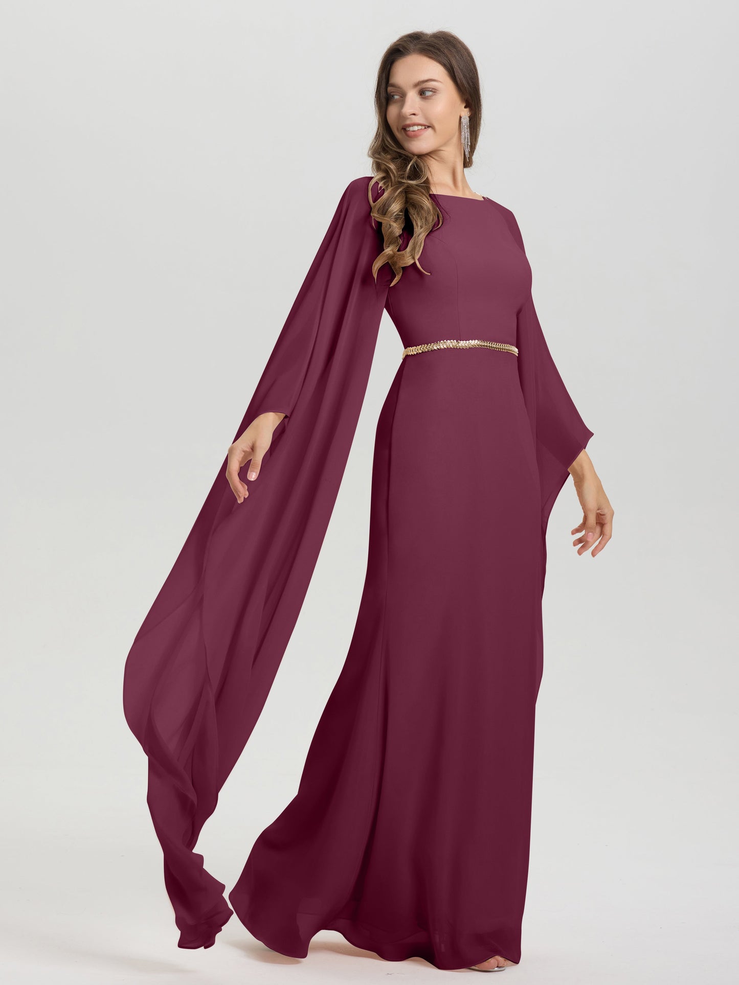 Sheath Flowy Long Sleeves Waisted Zip Back Chiffon Bridesmaid Dress