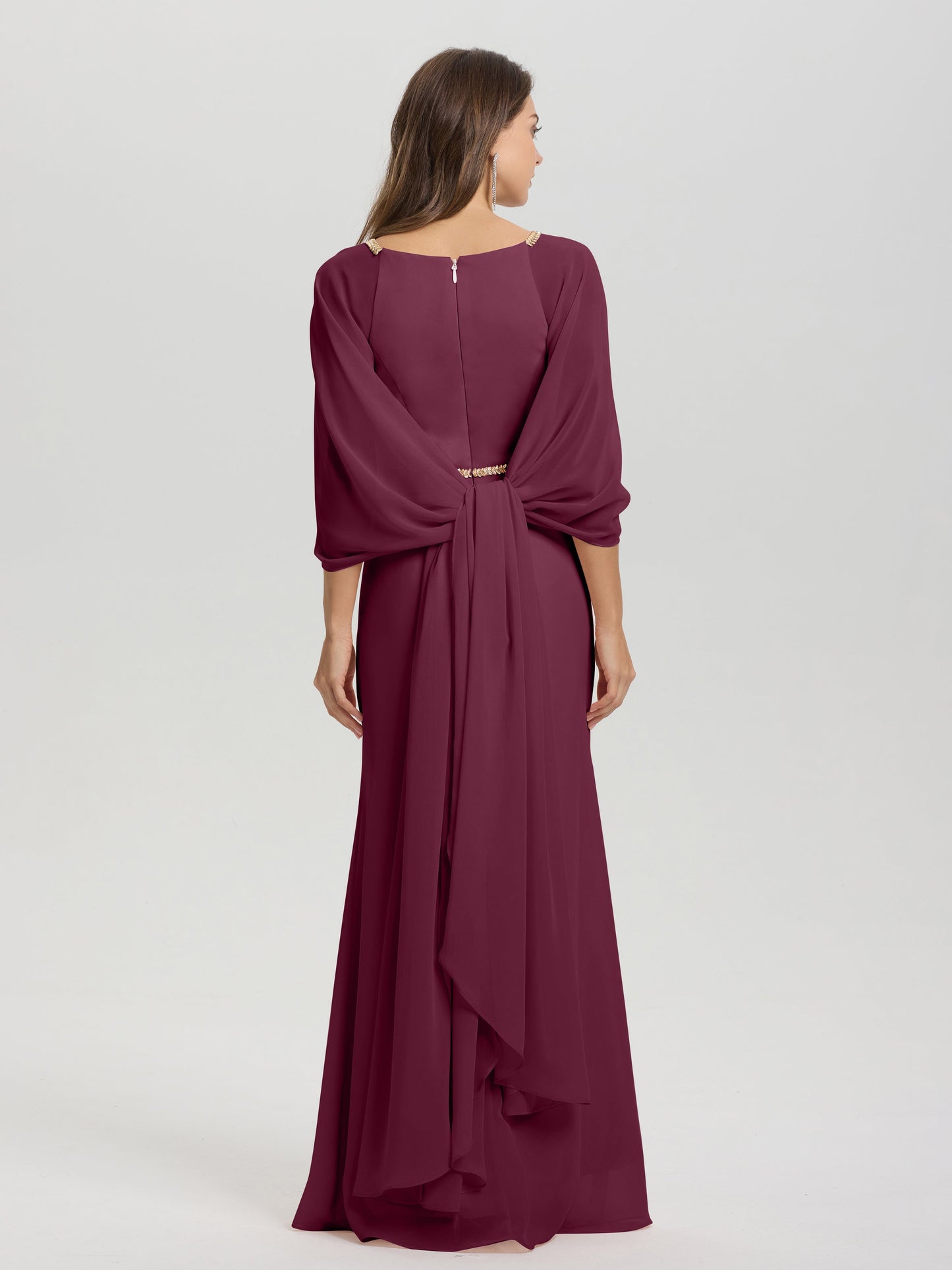 Sheath Flowy Long Sleeves Waisted Zip Back Chiffon Bridesmaid Dress