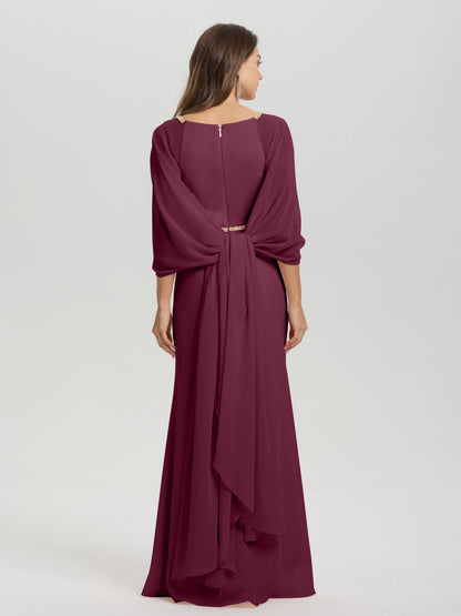 Sheath Flowy Long Sleeves Waisted Zip Back Chiffon Bridesmaid Dress