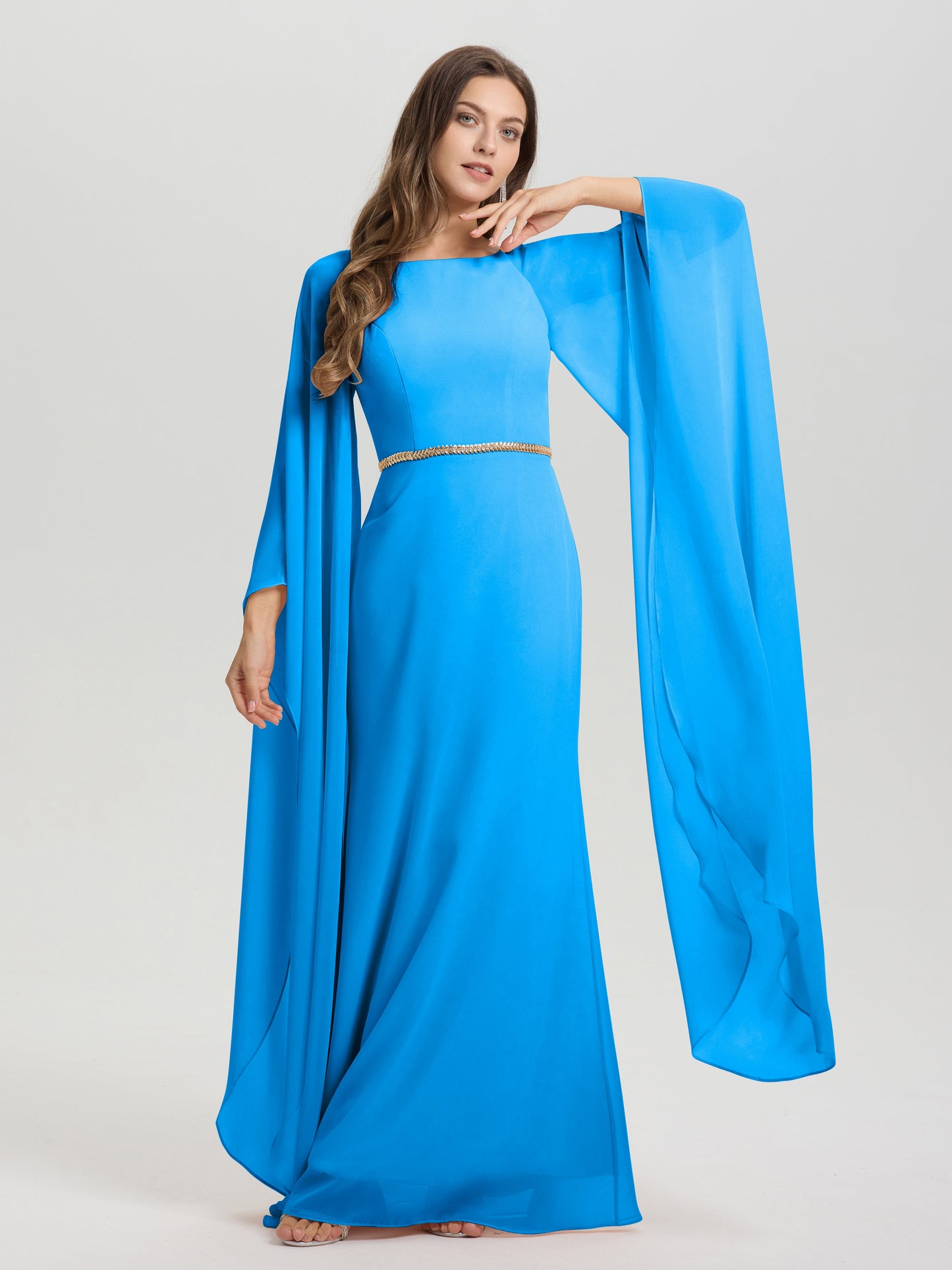 Sheath Flowy Long Sleeves Waisted Zip Back Chiffon Bridesmaid Dress