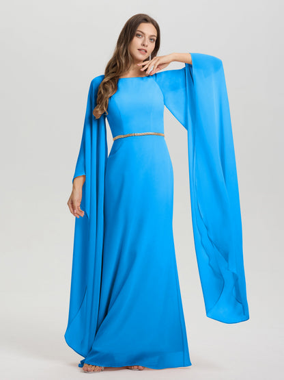 Sheath Flowy Long Sleeves Waisted Zip Back Chiffon Bridesmaid Dress