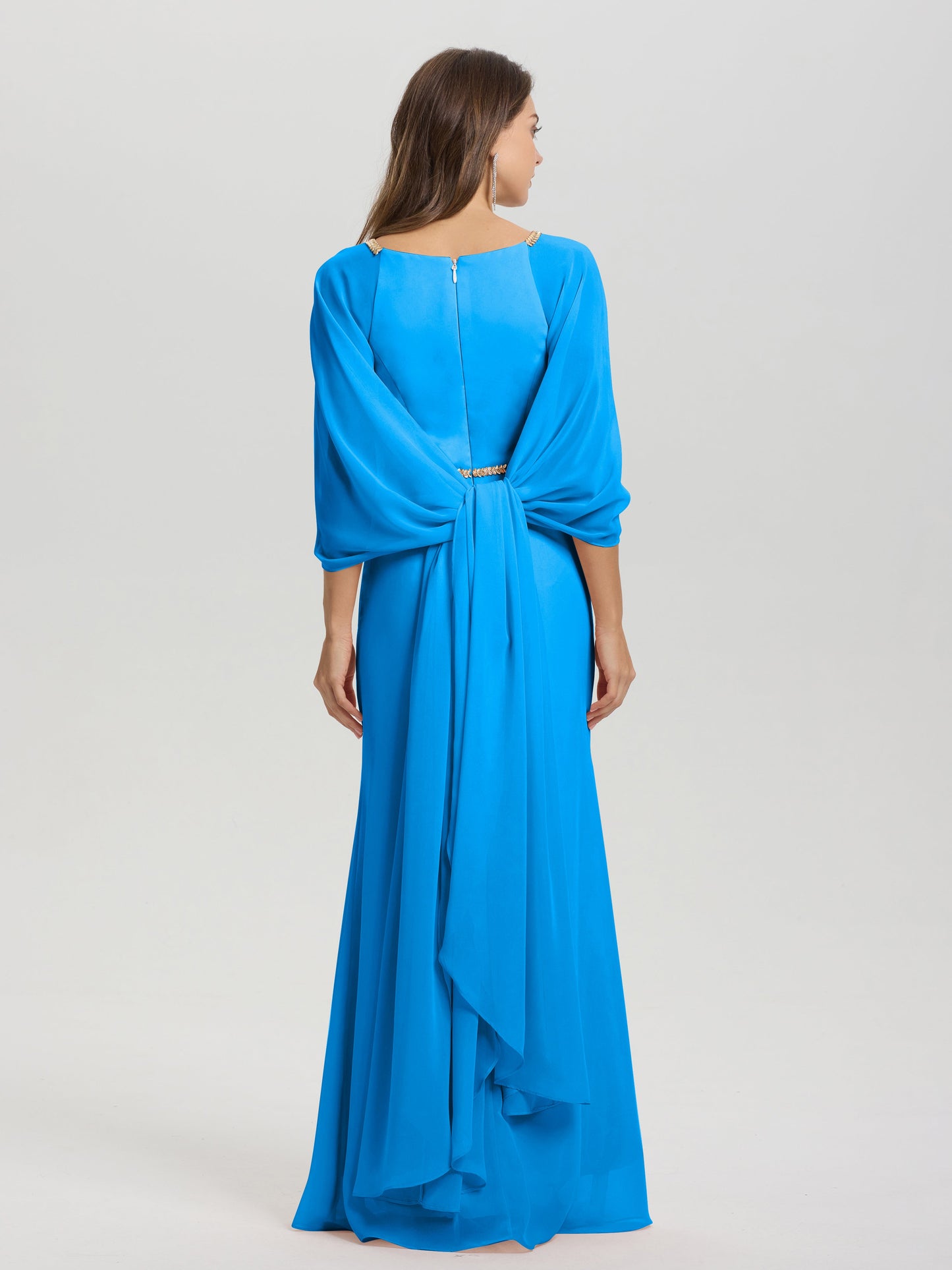Sheath Flowy Long Sleeves Waisted Zip Back Chiffon Bridesmaid Dress