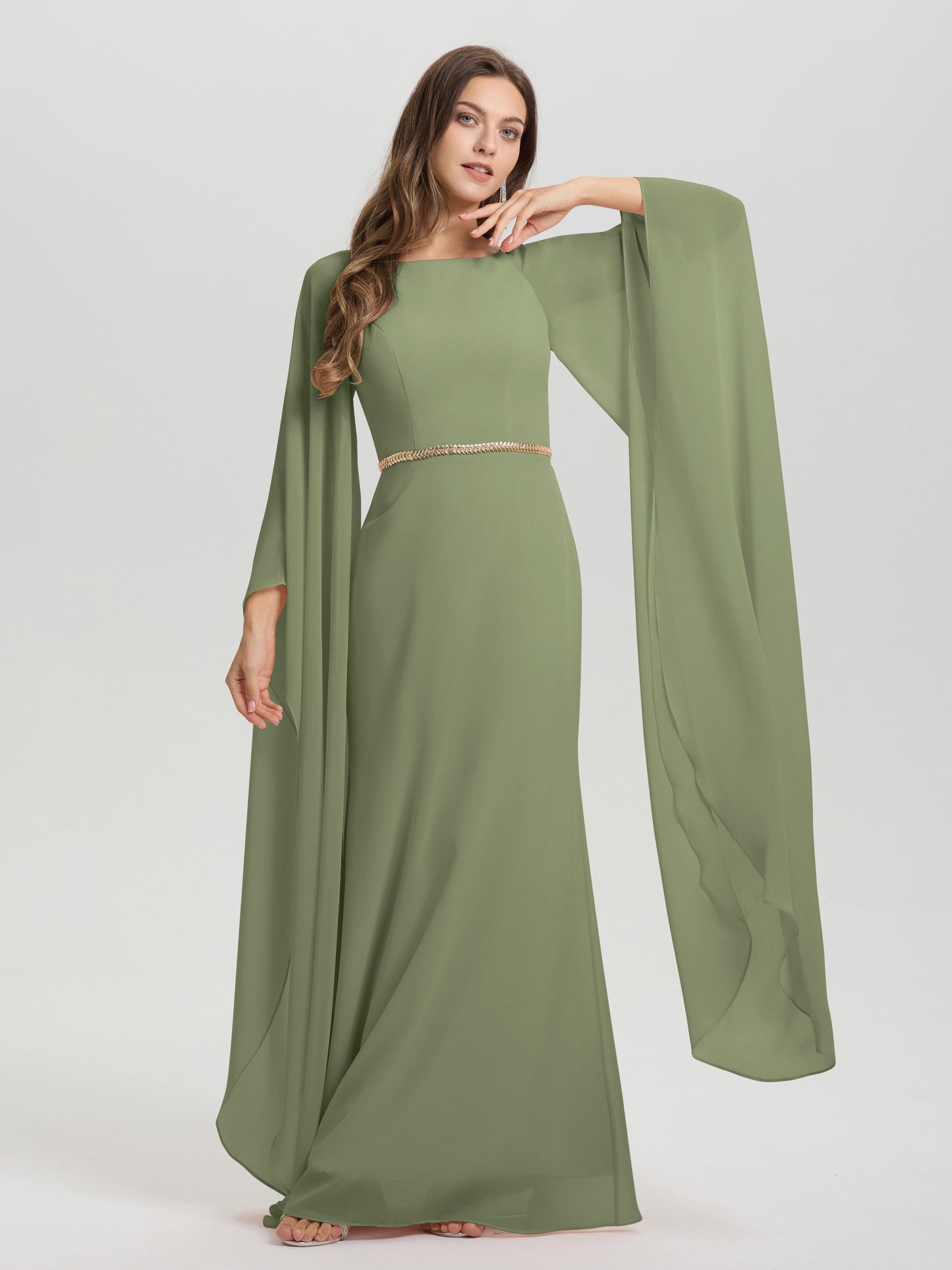Sheath Flowy Long Sleeves Waisted Zip Back Chiffon Bridesmaid Dress