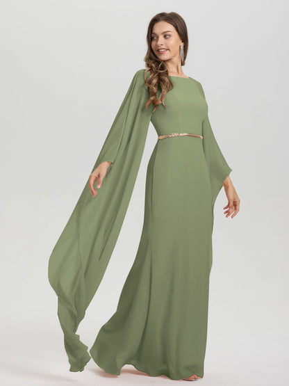 Sheath Flowy Long Sleeves Waisted Zip Back Chiffon Bridesmaid Dress