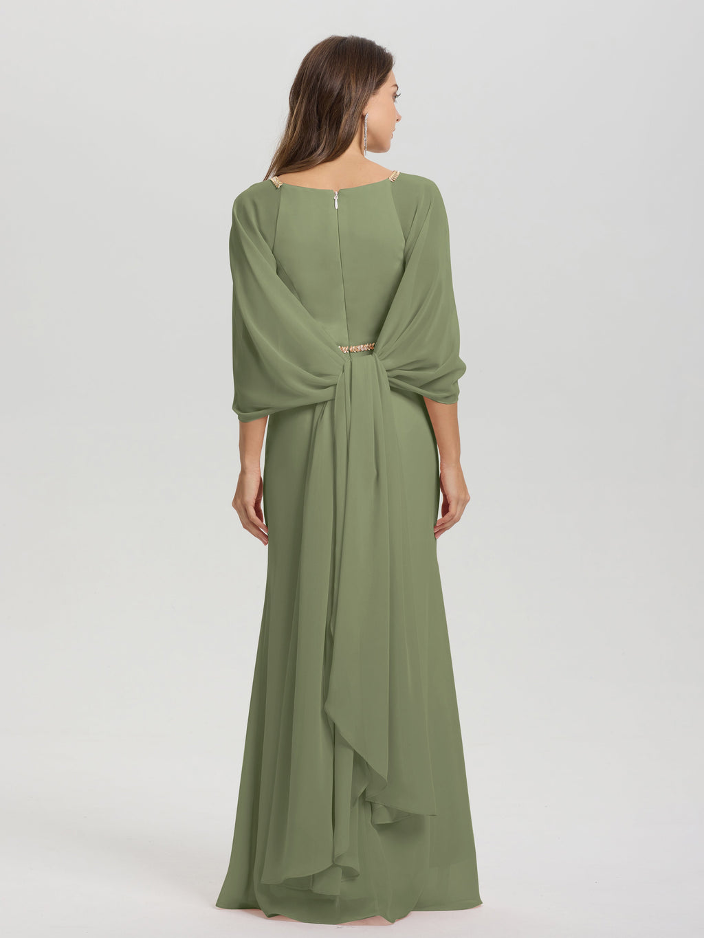 Sheath Flowy Long Sleeves Waisted Zip Back Chiffon Bridesmaid Dress