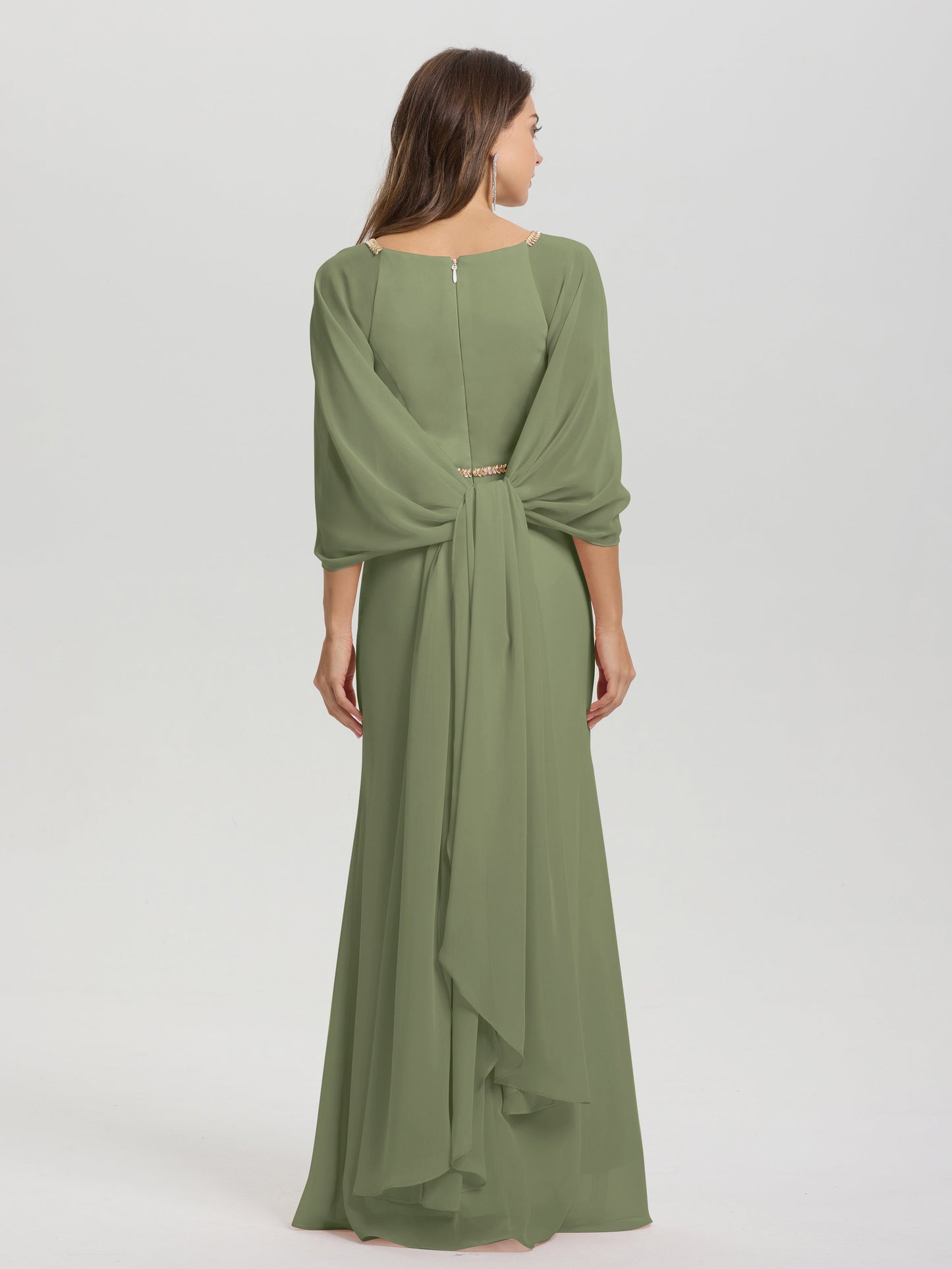Sheath Flowy Long Sleeves Waisted Zip Back Chiffon Bridesmaid Dress