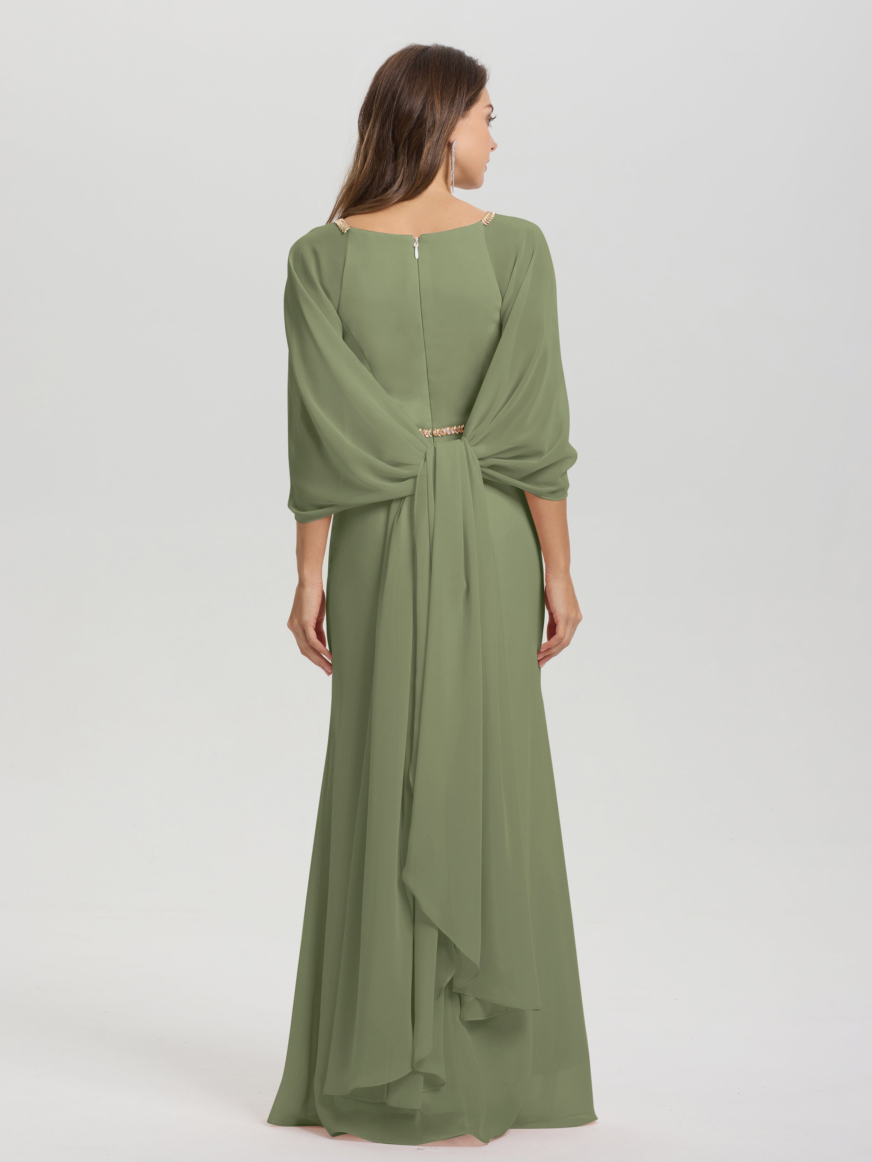 Sheath Flowy Long Sleeves Waisted Zip Back Chiffon Bridesmaid Dress