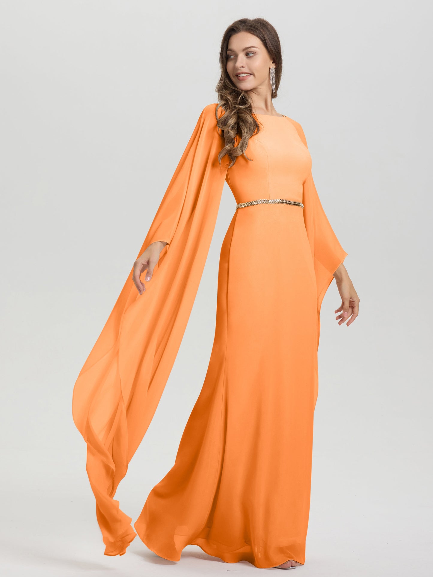 Sheath Flowy Long Sleeves Waisted Zip Back Chiffon Bridesmaid Dress