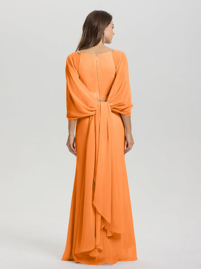 Sheath Flowy Long Sleeves Waisted Zip Back Chiffon Bridesmaid Dress