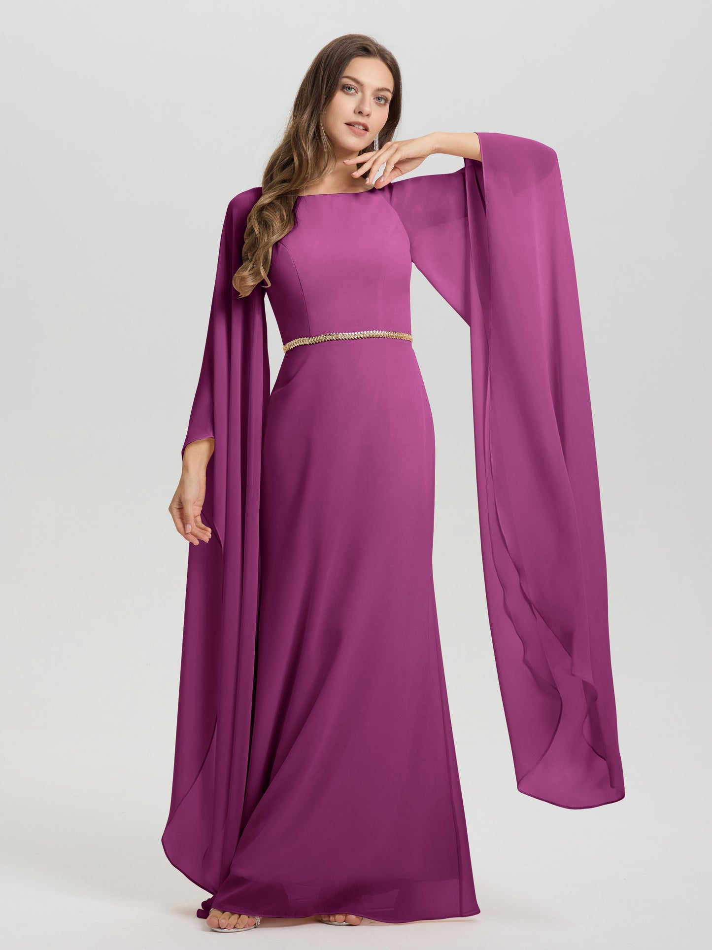 Sheath Flowy Long Sleeves Waisted Zip Back Chiffon Bridesmaid Dress