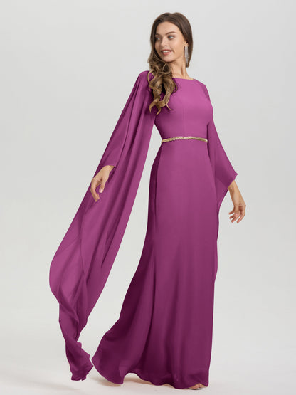 Sheath Flowy Long Sleeves Waisted Zip Back Chiffon Bridesmaid Dress