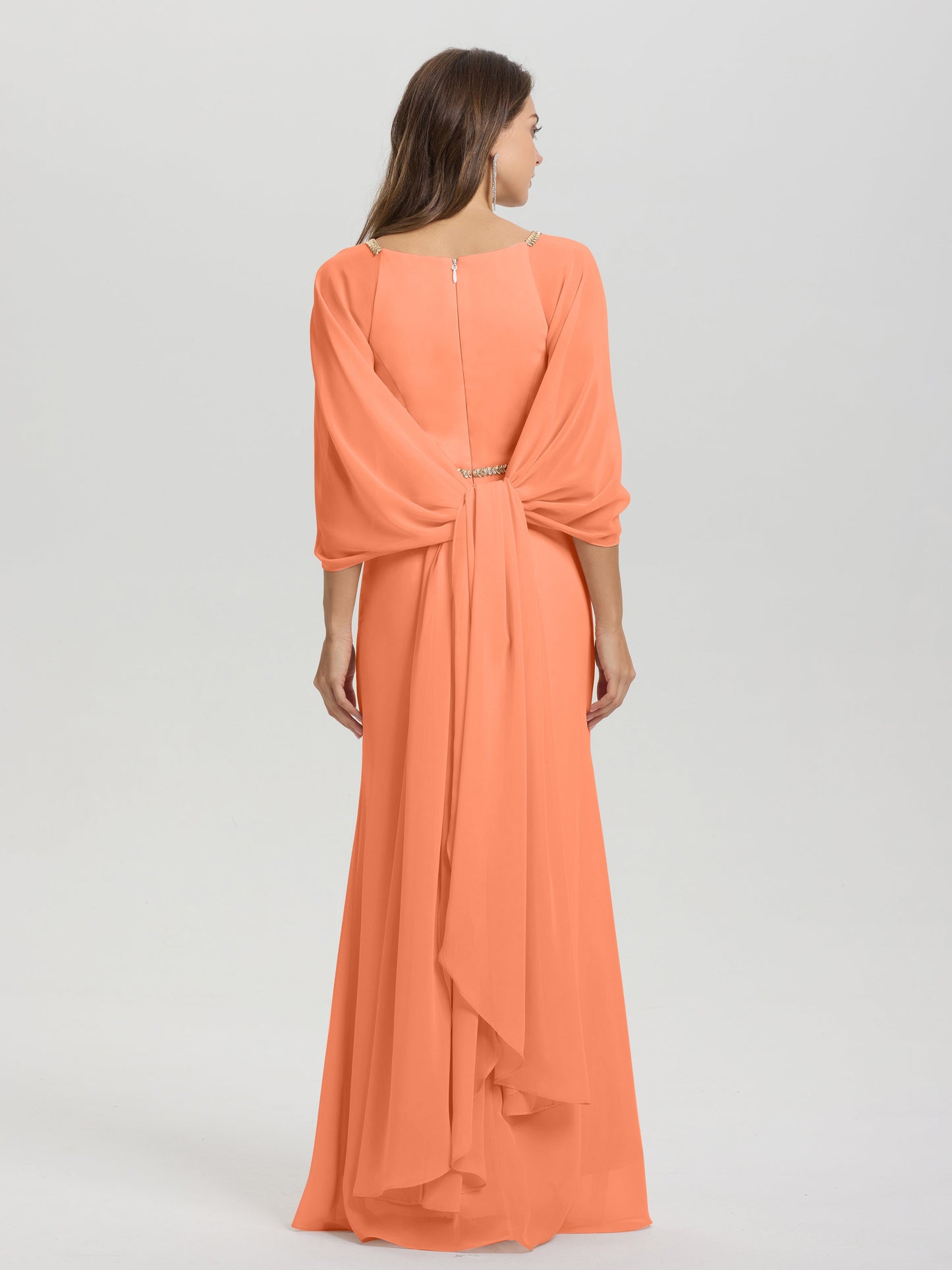 Sheath Flowy Long Sleeves Waisted Zip Back Chiffon Bridesmaid Dress