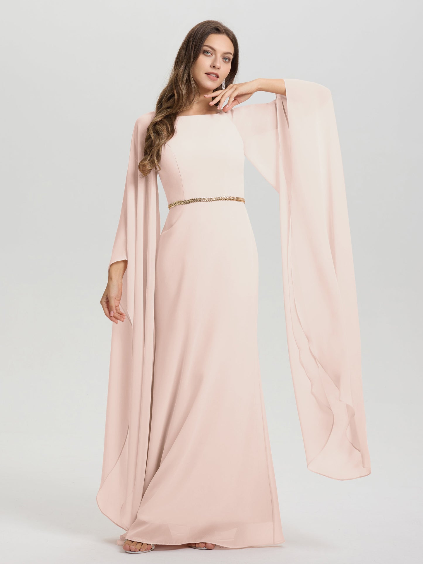 Sheath Flowy Long Sleeves Waisted Zip Back Chiffon Bridesmaid Dress