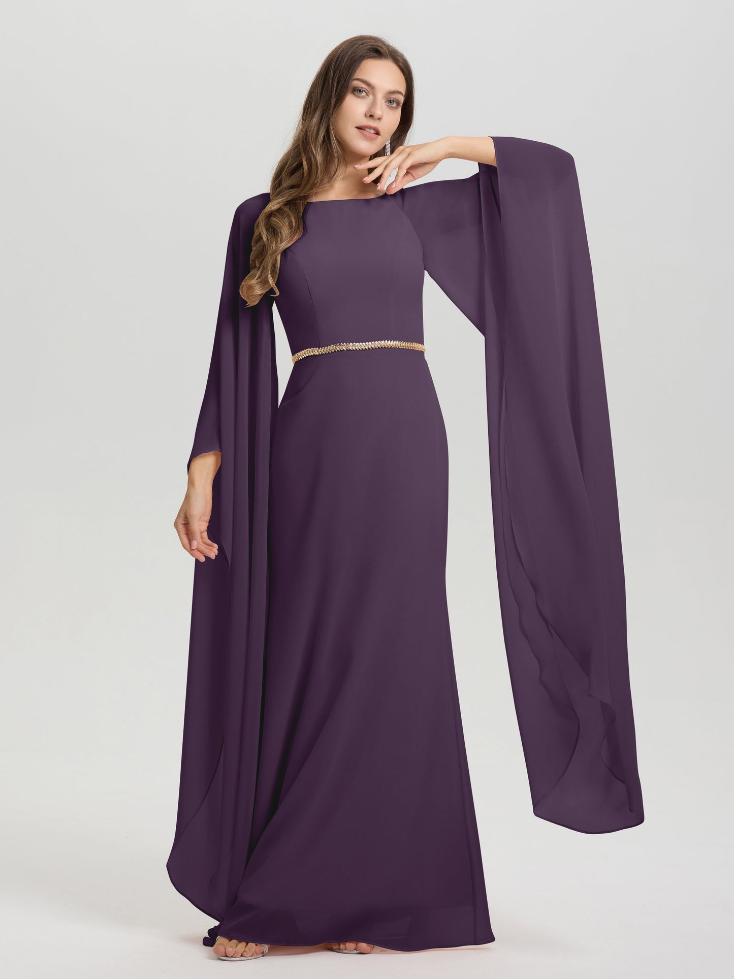 Sheath Flowy Long Sleeves Waisted Zip Back Chiffon Bridesmaid Dress
