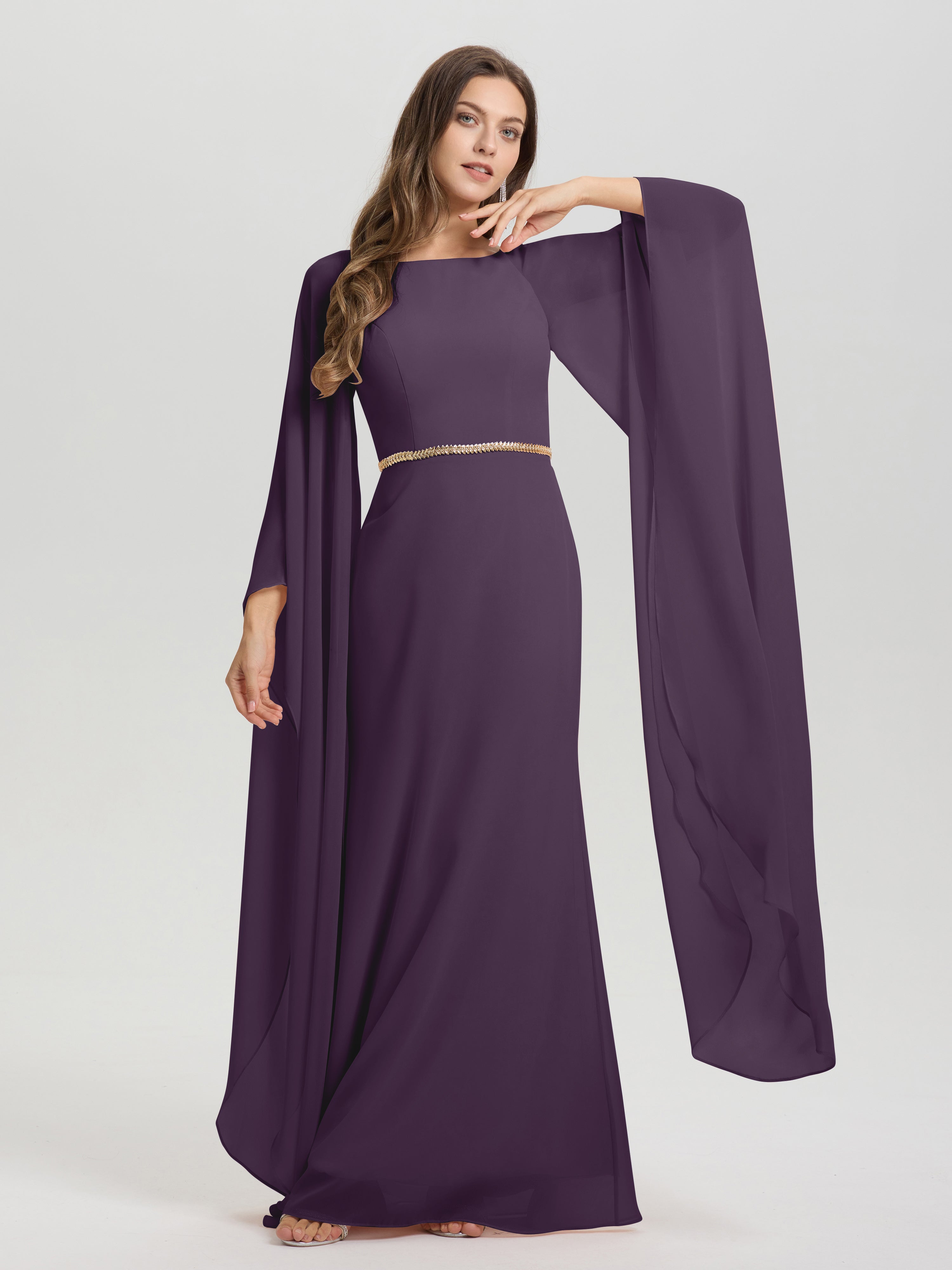 Sheath Flowy Long Sleeves Waisted Zip Back Chiffon Bridesmaid Dress