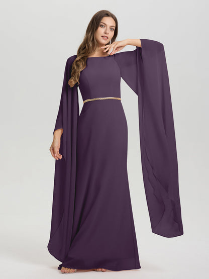 Sheath Flowy Long Sleeves Waisted Zip Back Chiffon Bridesmaid Dress
