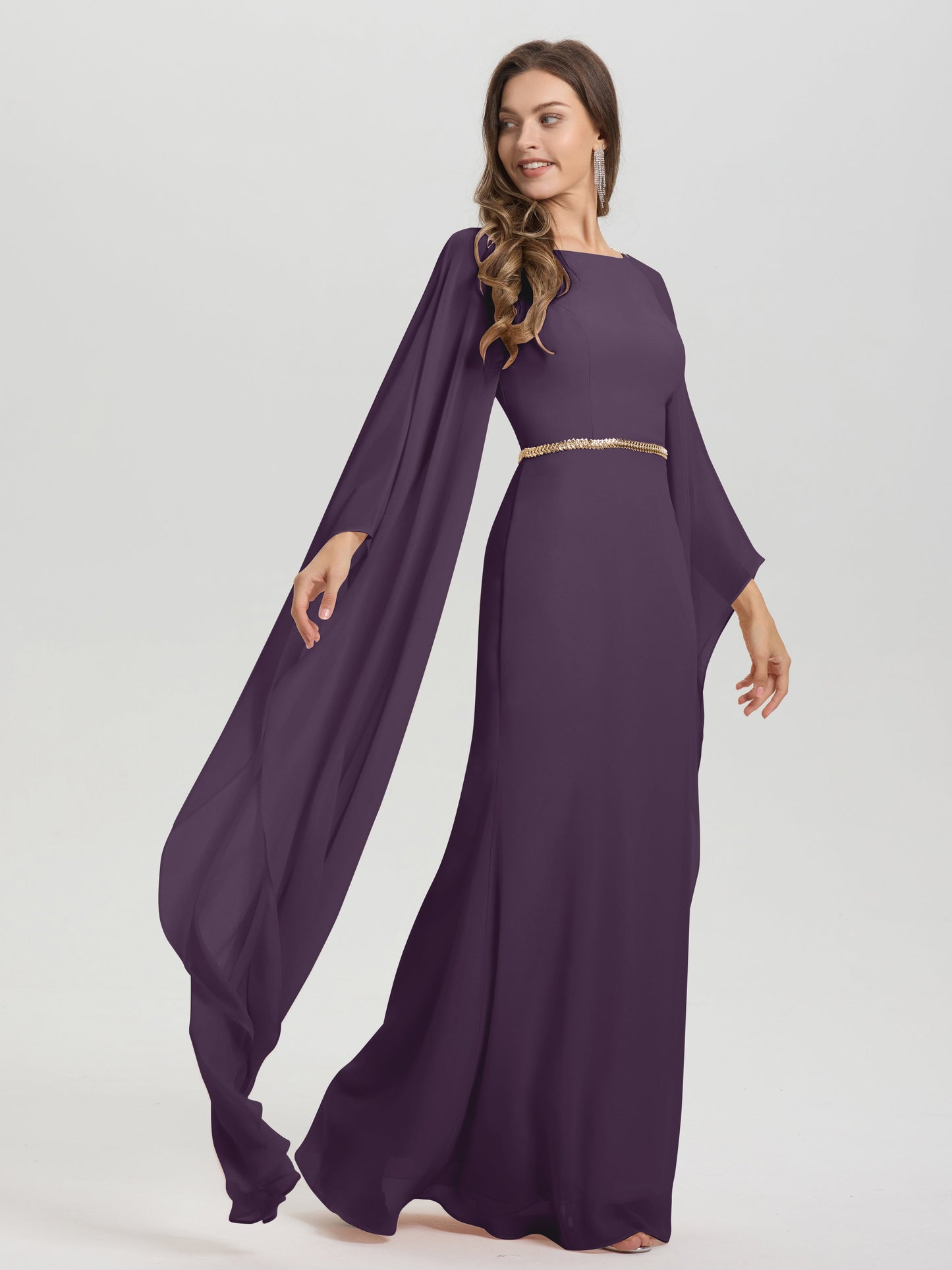 Sheath Flowy Long Sleeves Waisted Zip Back Chiffon Bridesmaid Dress