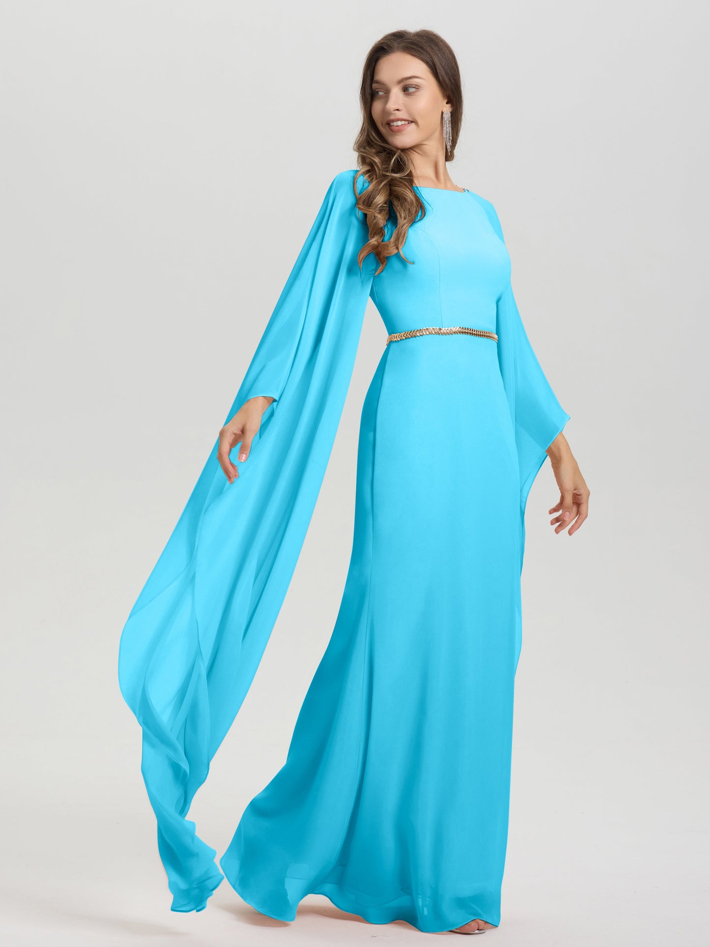 Sheath Flowy Long Sleeves Waisted Zip Back Chiffon Bridesmaid Dress