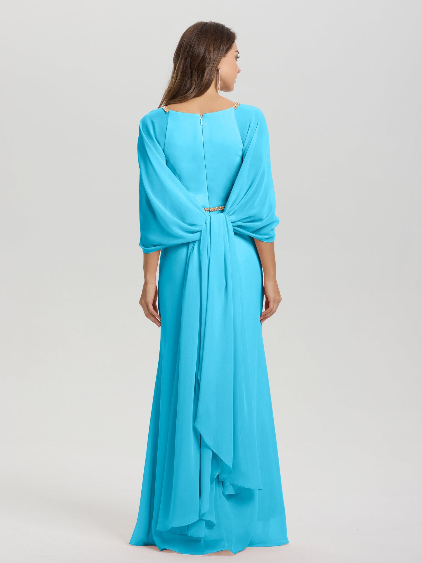 Sheath Flowy Long Sleeves Waisted Zip Back Chiffon Bridesmaid Dress