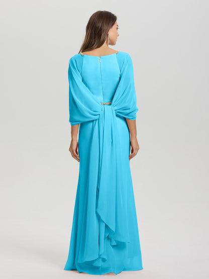 Sheath Flowy Long Sleeves Waisted Zip Back Chiffon Bridesmaid Dress
