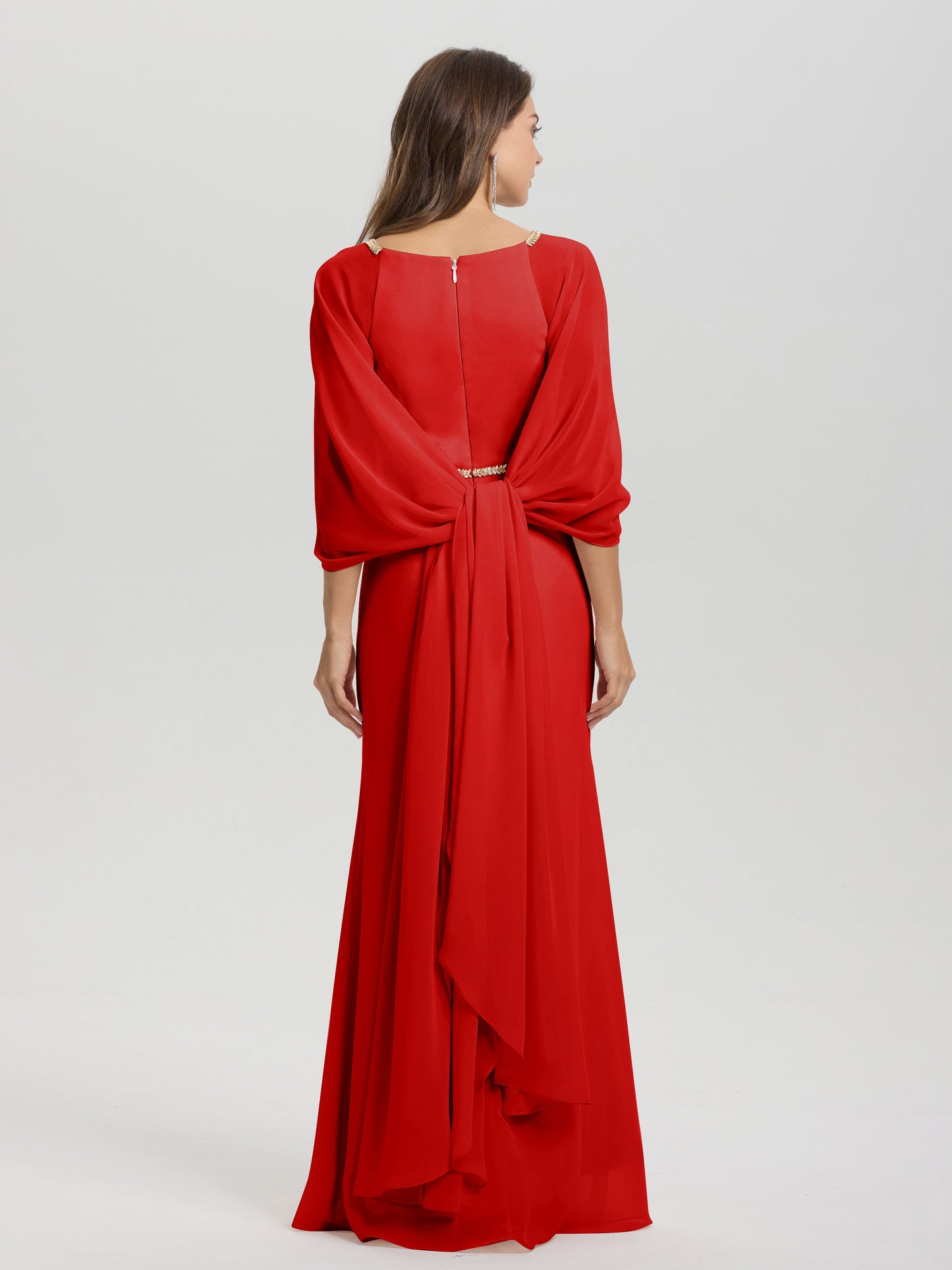 Sheath Flowy Long Sleeves Waisted Zip Back Chiffon Bridesmaid Dress