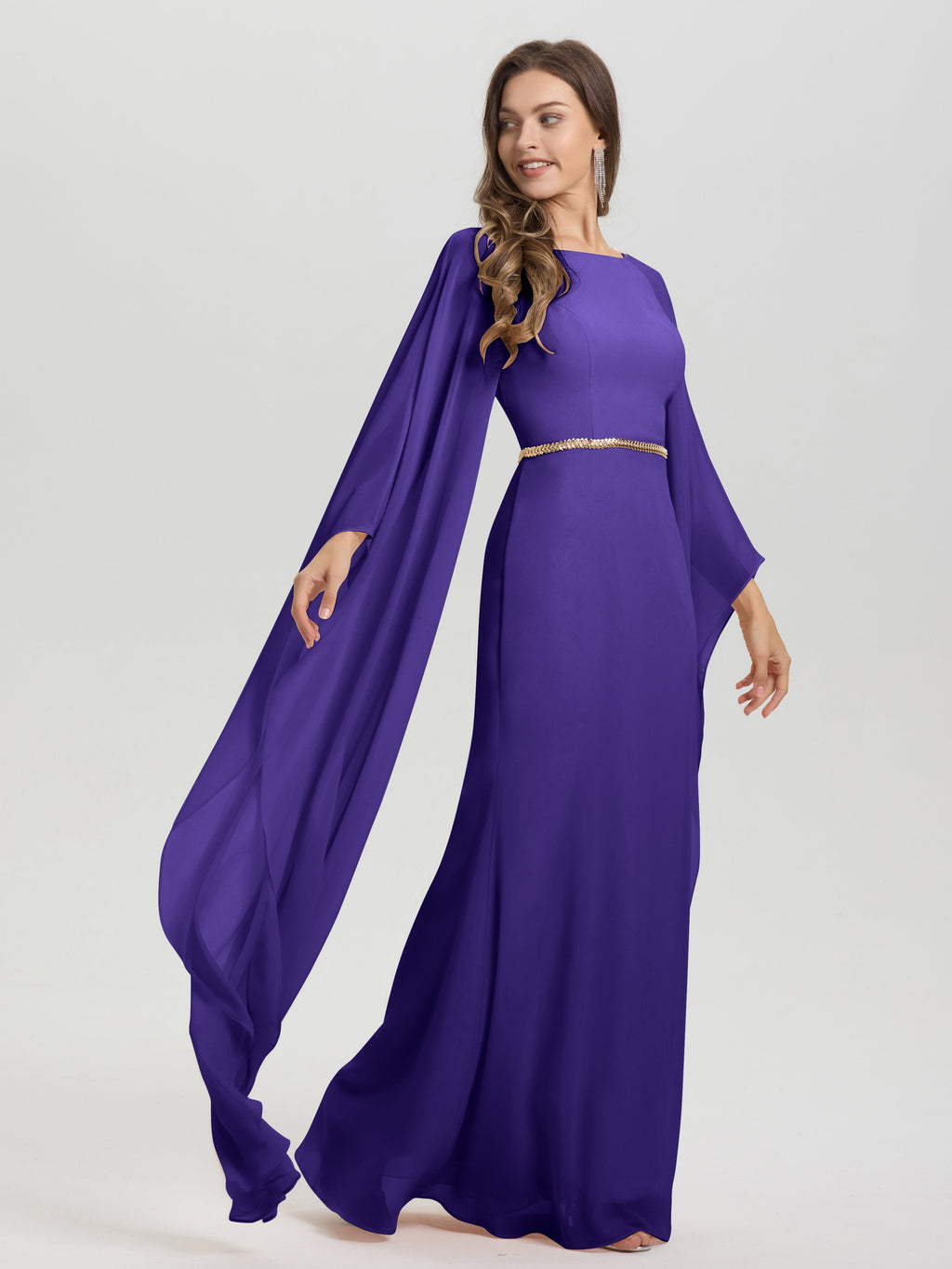 Sheath Flowy Long Sleeves Waisted Zip Back Chiffon Bridesmaid Dress