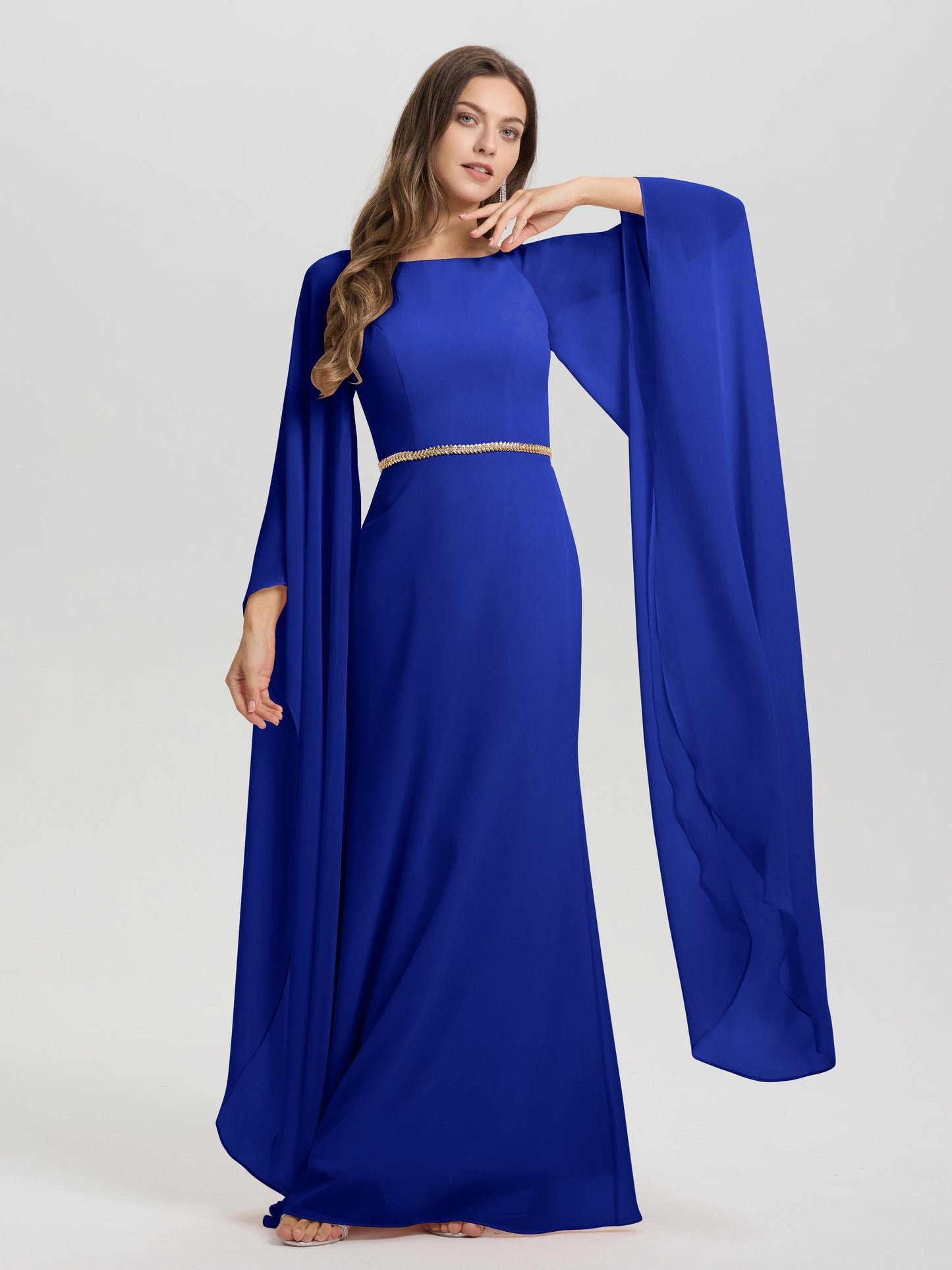 Sheath Flowy Long Sleeves Waisted Zip Back Chiffon Bridesmaid Dress