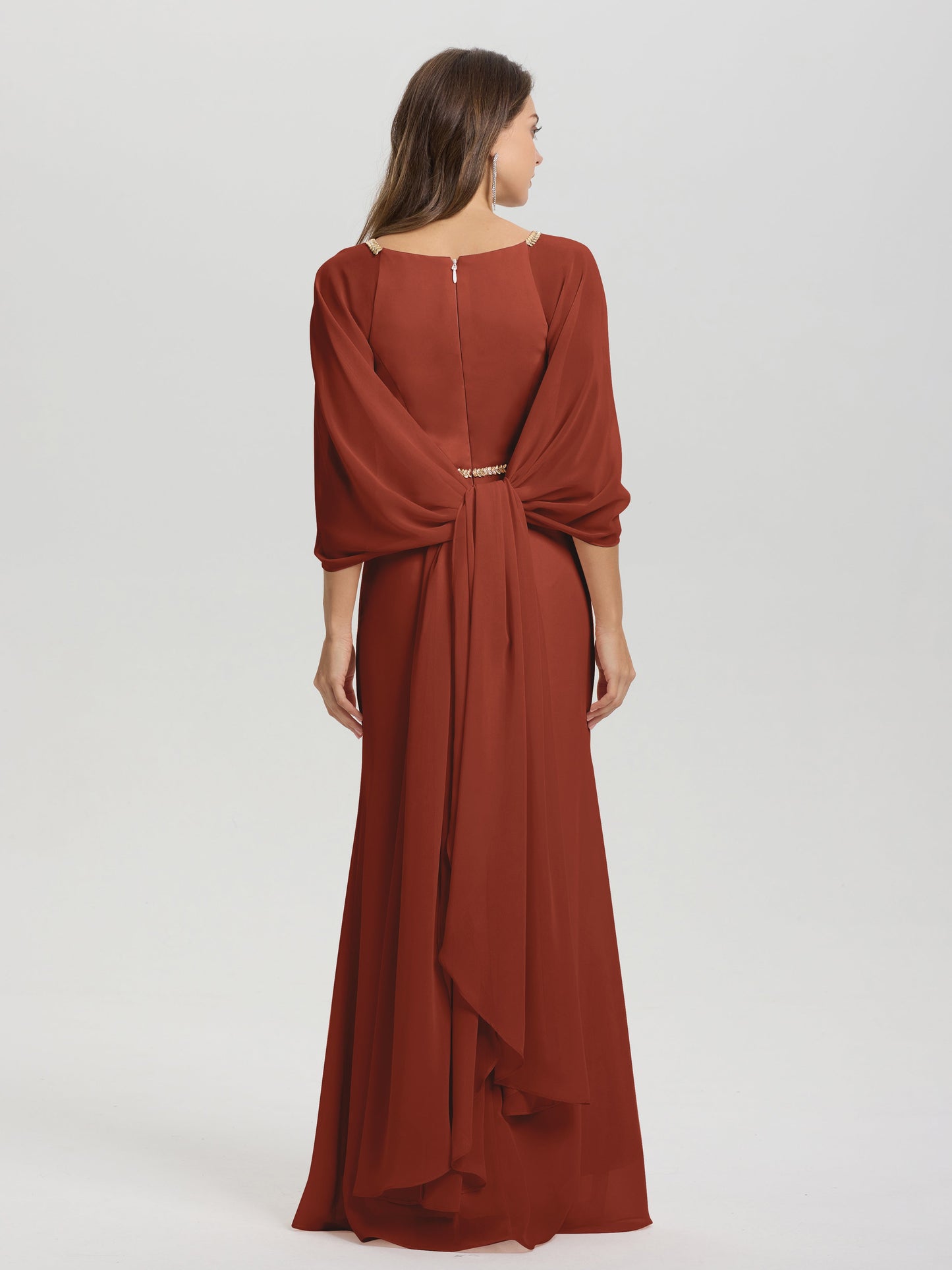 Sheath Flowy Long Sleeves Waisted Zip Back Chiffon Bridesmaid Dress