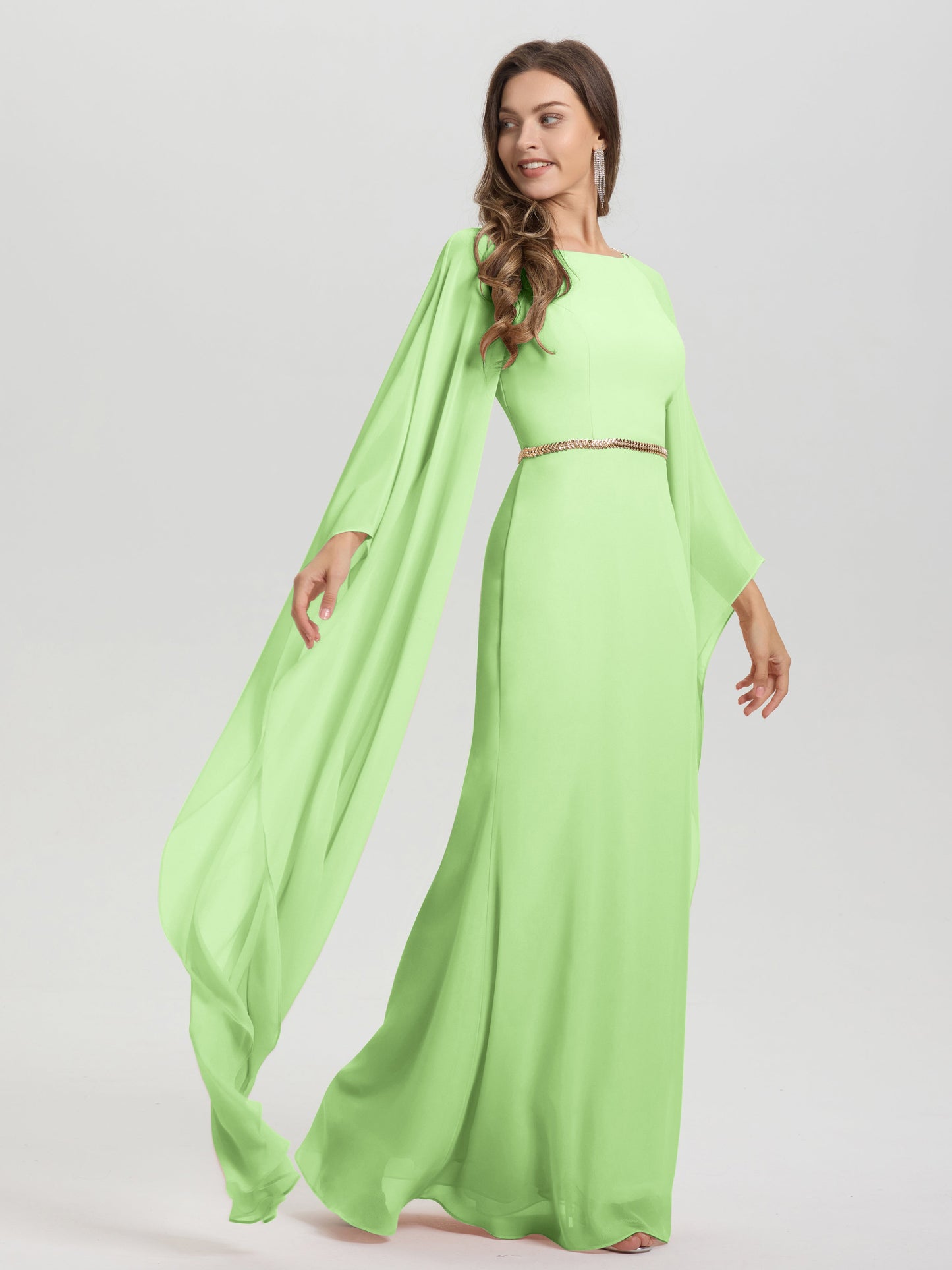 Sheath Flowy Long Sleeves Waisted Zip Back Chiffon Bridesmaid Dress