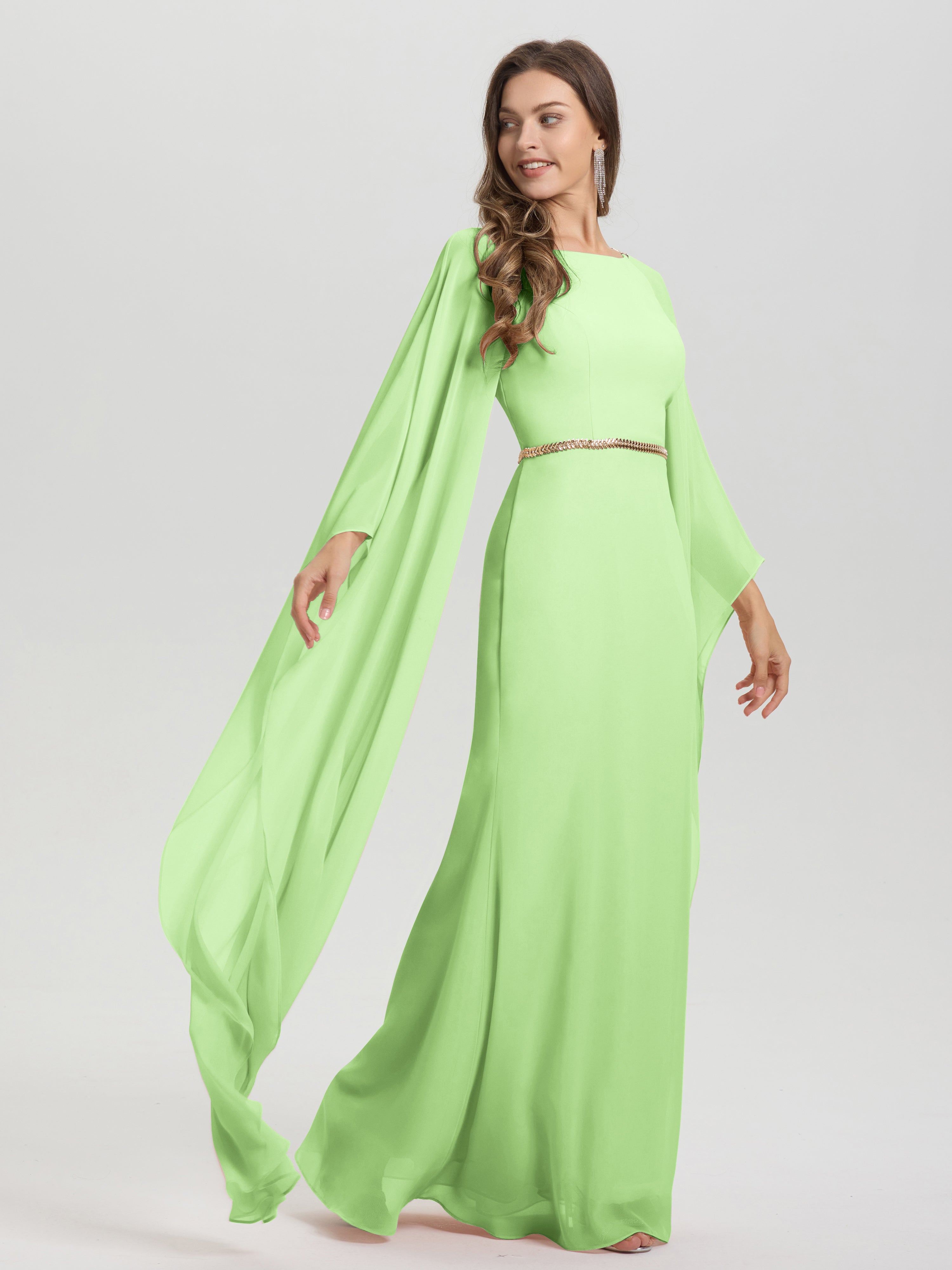 Sheath Flowy Long Sleeves Waisted Zip Back Chiffon Bridesmaid Dress